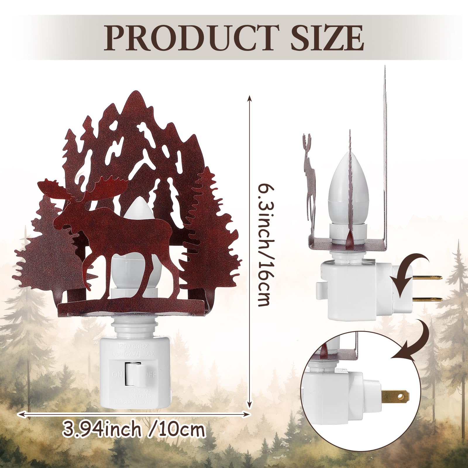 Tuanse Metal LED Night Light - Vintage Forest Moose Design, Red Brown, Model ER-Tuanse-1746, Perfect for Bedroom and Holiday Decor