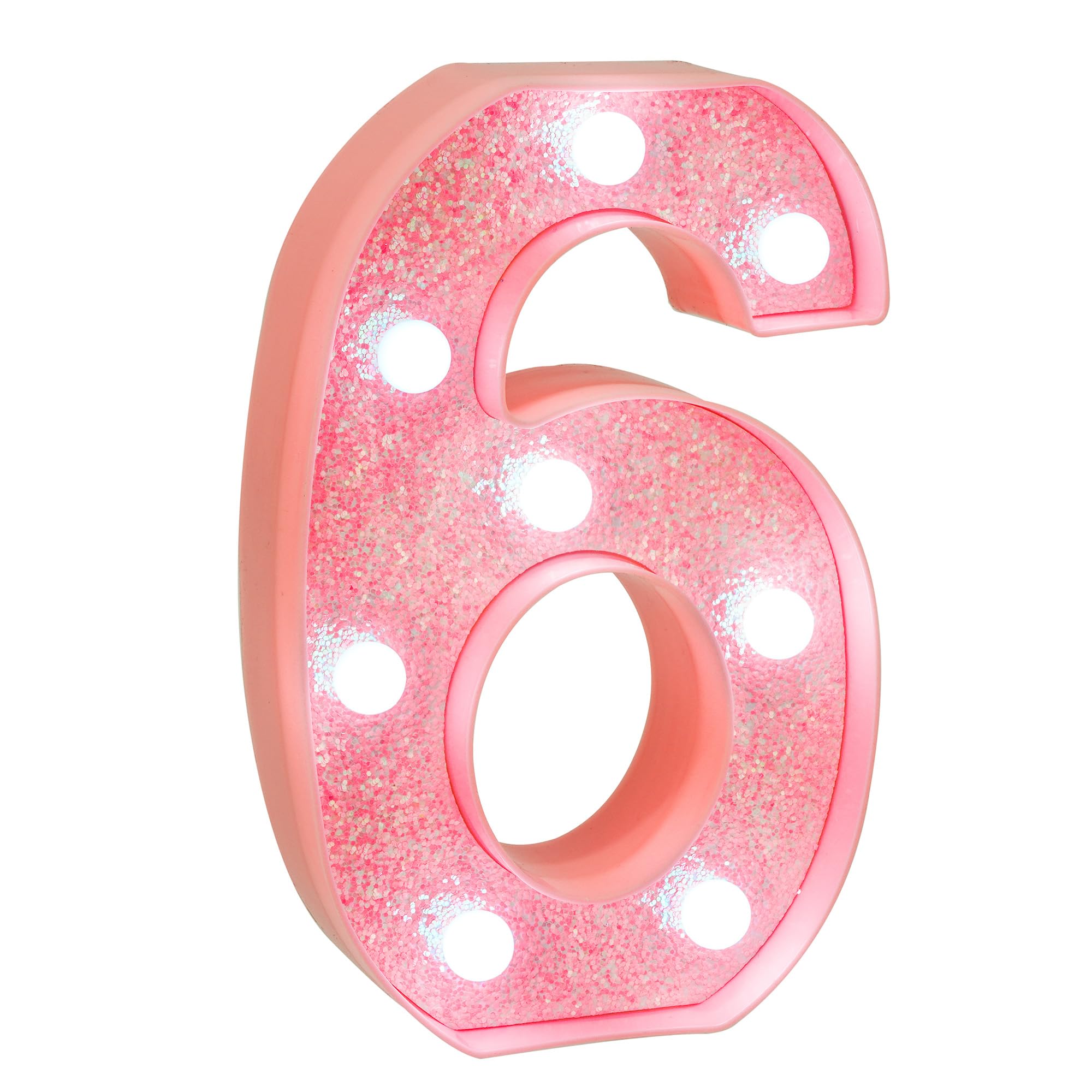 EUFONY Pink Glitter LED Marquee Light Up Number 6 with Cool White Lights, Battery-Powered Numbers sign for Girls Birthday Party