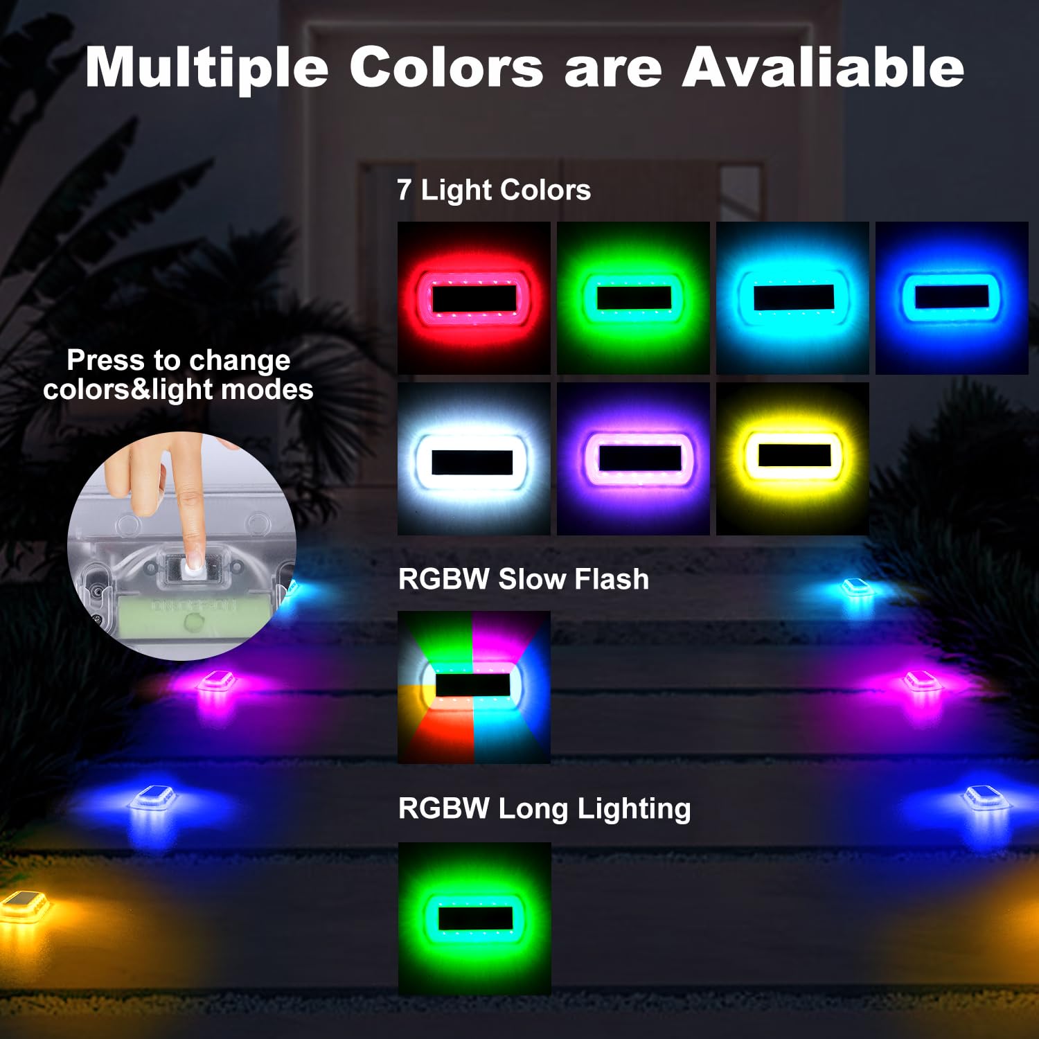 T-Sun Rgb Solar Step Lights For Outside,7 Colors Stair Lights Outdoor Waterproof Led Deck Lights 2 Lighting Modes, Solar Front P