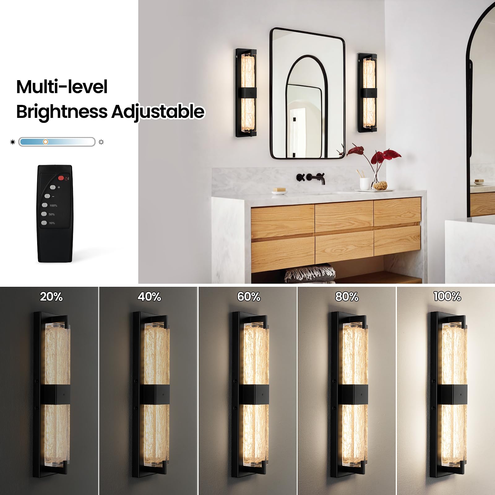 WOSHITU Battery Operated Wall Sconce - Dimmable LED Black Resin Light, 19 Inch, Wireless Rechargeable, Modern Design for Home