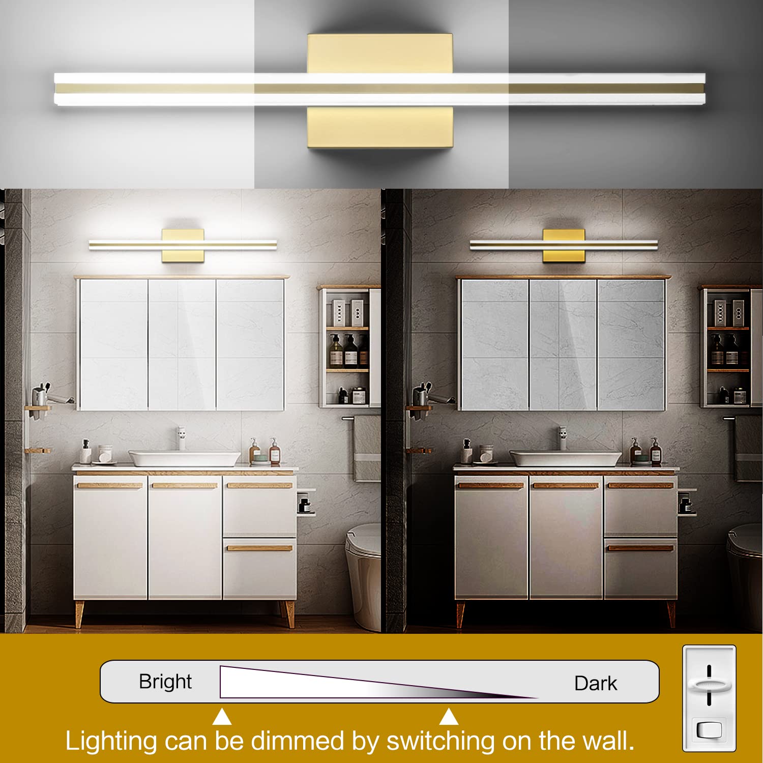 SOLFART Modern Bathroom Vanity Light Fixture Dimmable 24 Inch LED Gold Aluminum Over Mirror
