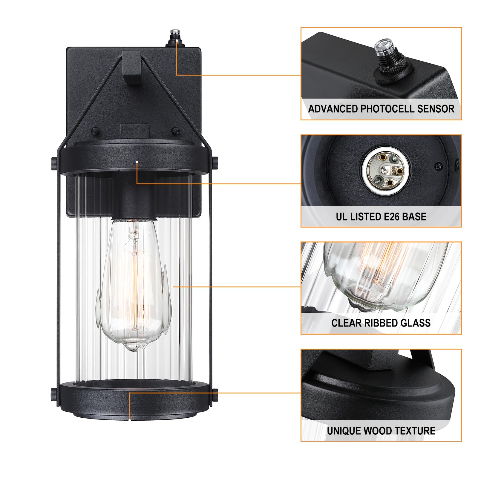 LONEDRUID Outdoor Wall Sconce Lighting - 2 Pack Black Dusk to Dawn Sensor Waterproof Fixtures for Porch, Garage, Patio, Entryway