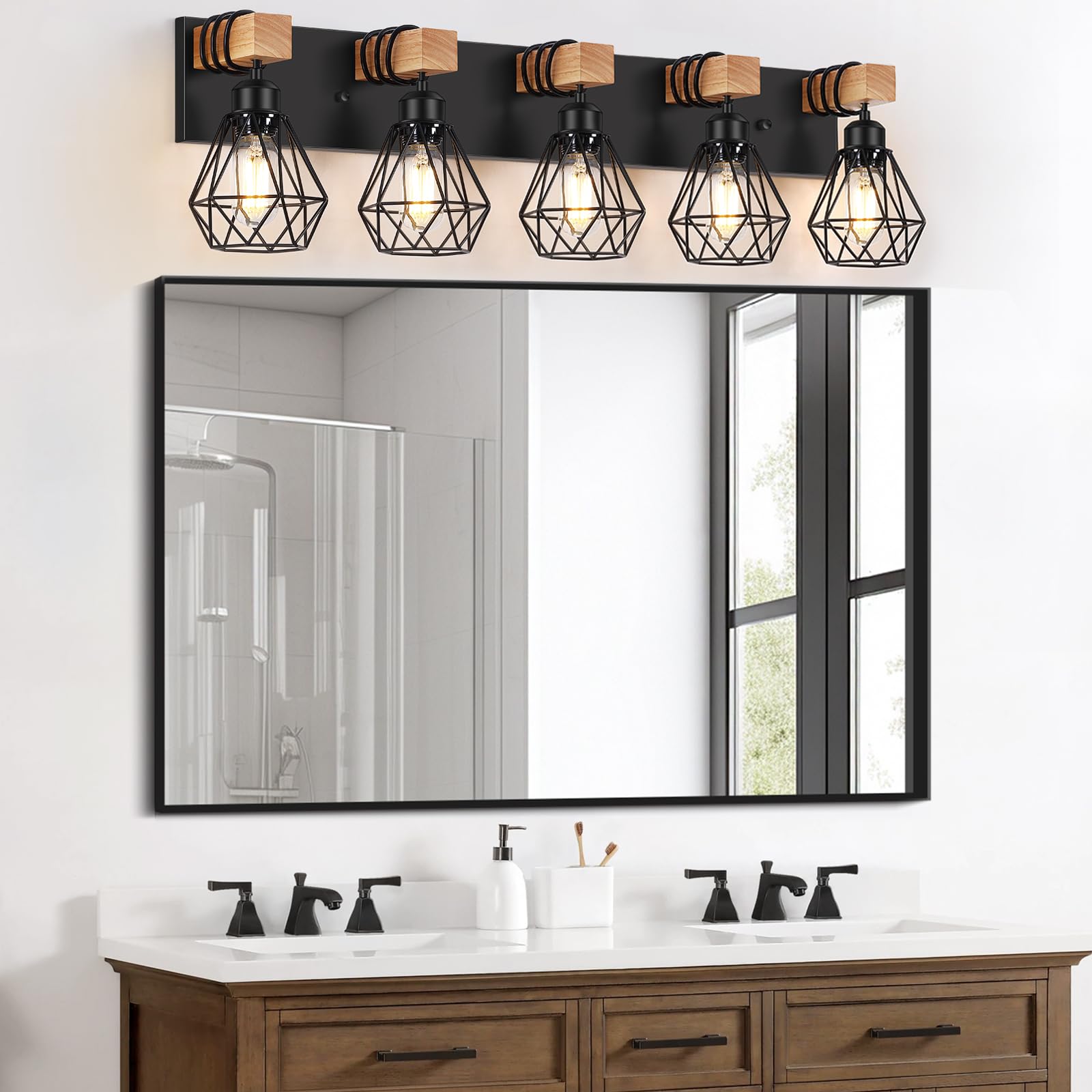 FadimiKoo 5-Light Wall Sconces, Black Metal Cage Vanity Lights, Rustic Bathroom & Living Room Lighting, Model ZSLZ-5