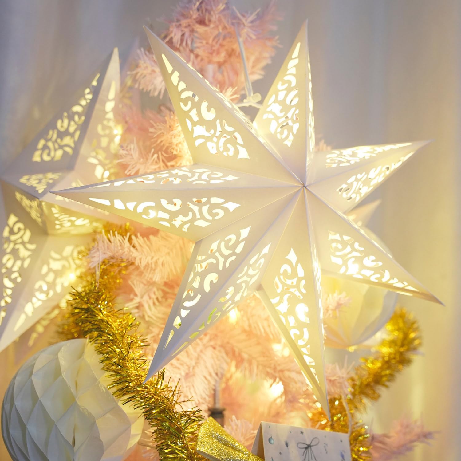 JINKEYULV Paper Star Lantern 3PCS Paper Stars Lampshade 17.7 inch 7 Points Christmas Star Lantern Hanging 3D Christmas Pentagram