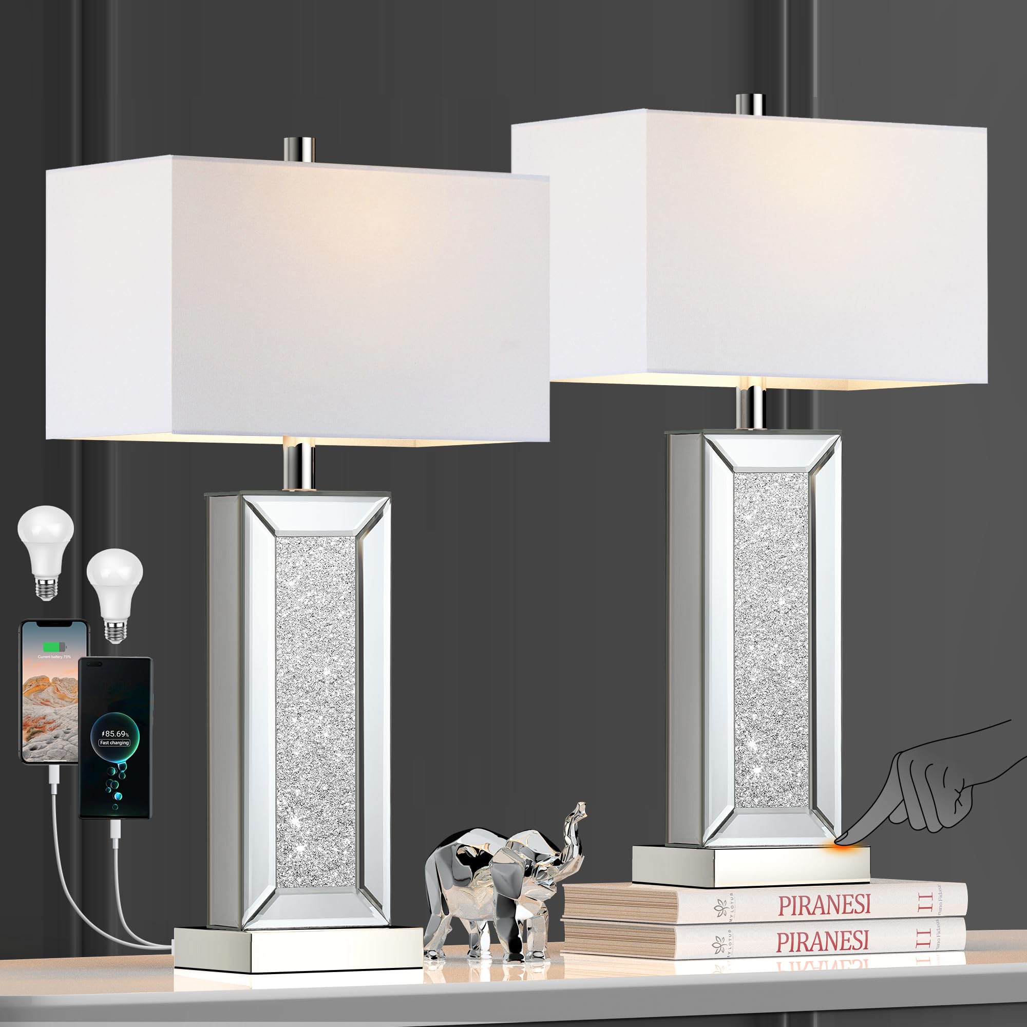PARTPHONER Modern Table Lamp Set of 2, Silver Crystal Touch Control, USB Ports, 3-Way Dimmable, White Fabric Shade, Model STR-DL-0191