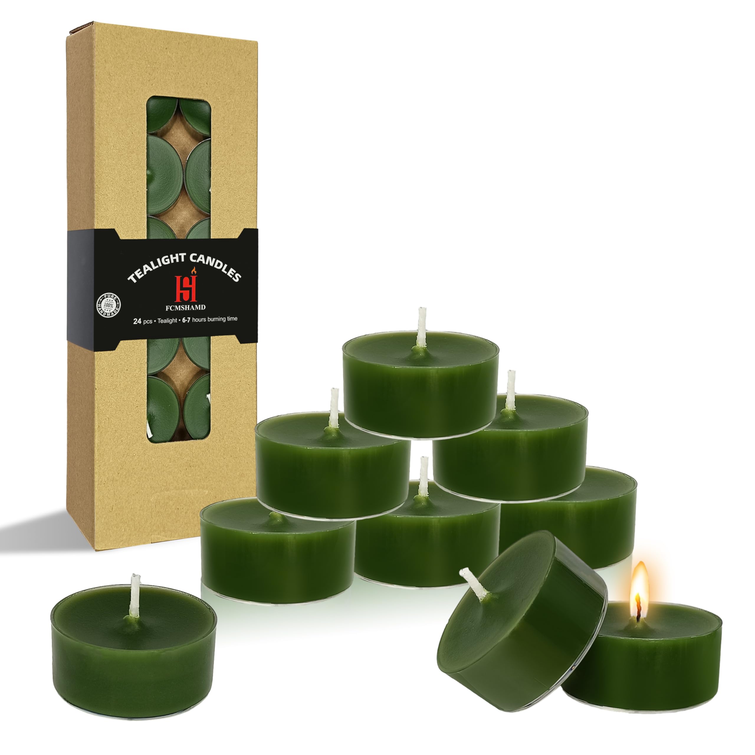 FCMSHAMD Cedar Scented Tealight Candles, Paraffin Wax, Dark Green, 1.5x0.7 In, 24 Pack, 5 Hour Burn Time