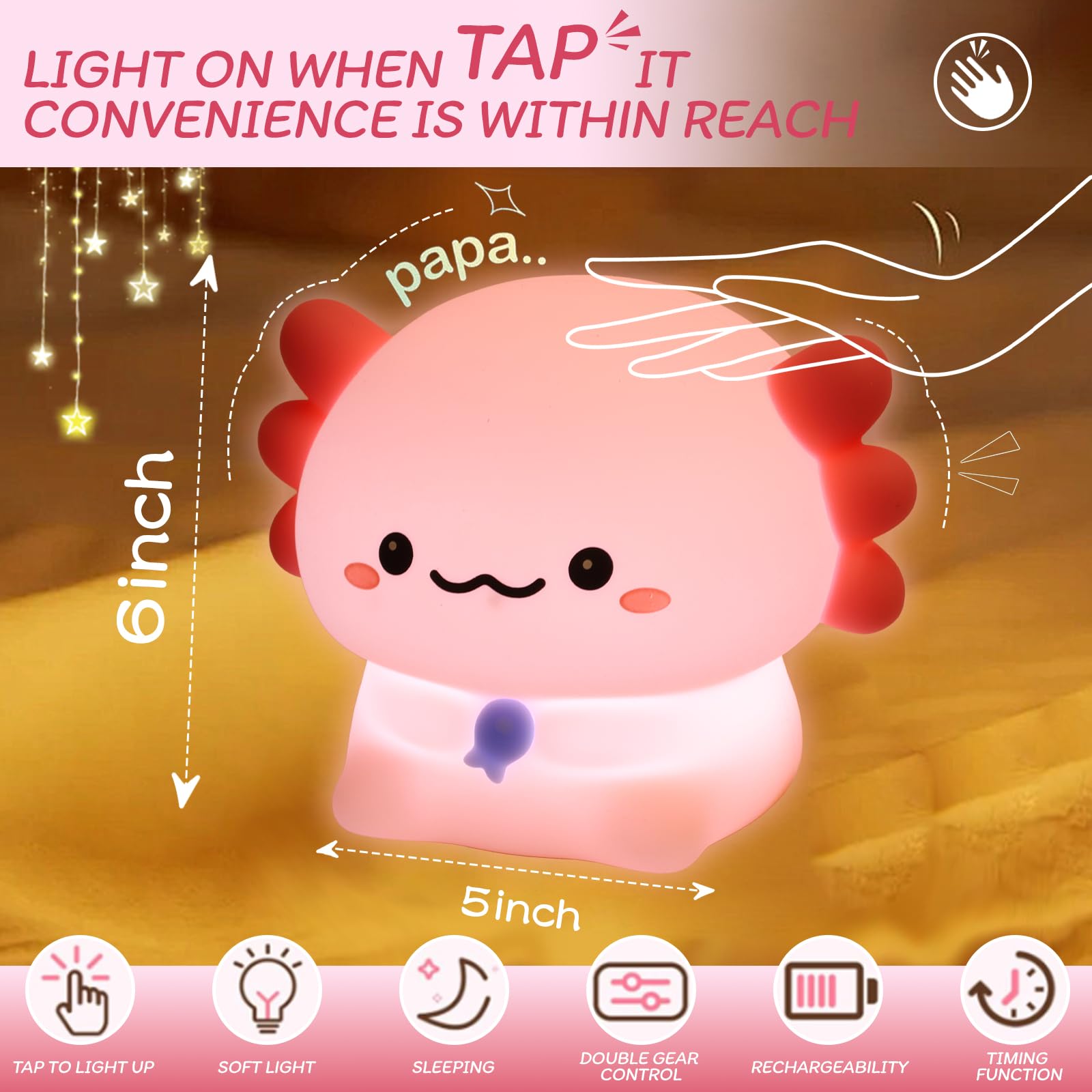 MAGOHMT Axolotl Night Light for Kids - 3-Level Dimmer & Auto-Off Timer, Child-Safe Silicone Lamp, USB-C Rechargeable Nursery Lig