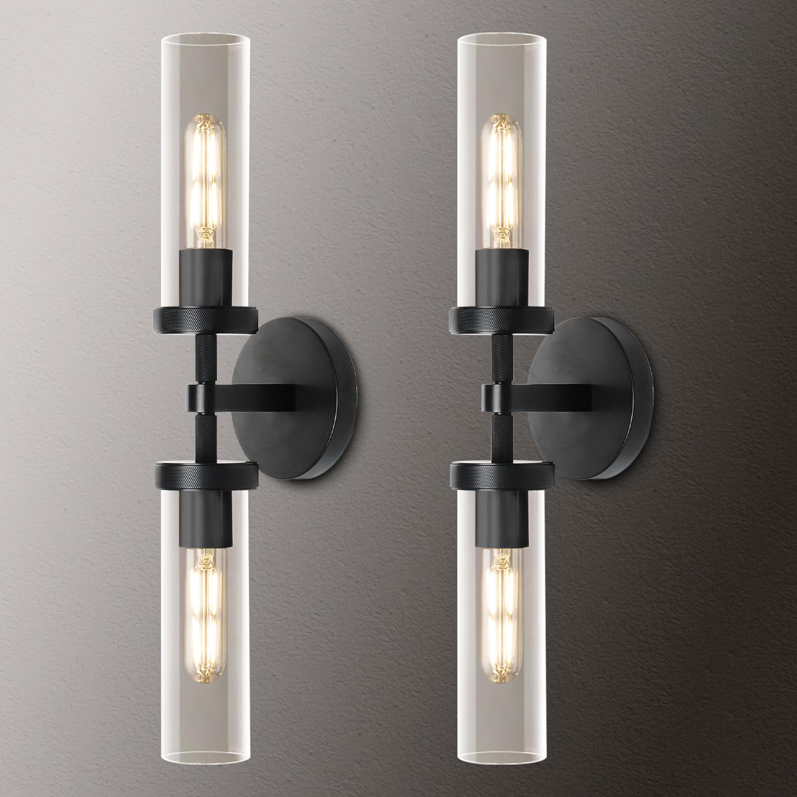 Zhtiechui Black Bathroom Vanity Wall Sconces 2-Light Glass Tube Wall Sconce 21In Horizontal Or Vertical Linear Wall Sconces Blac