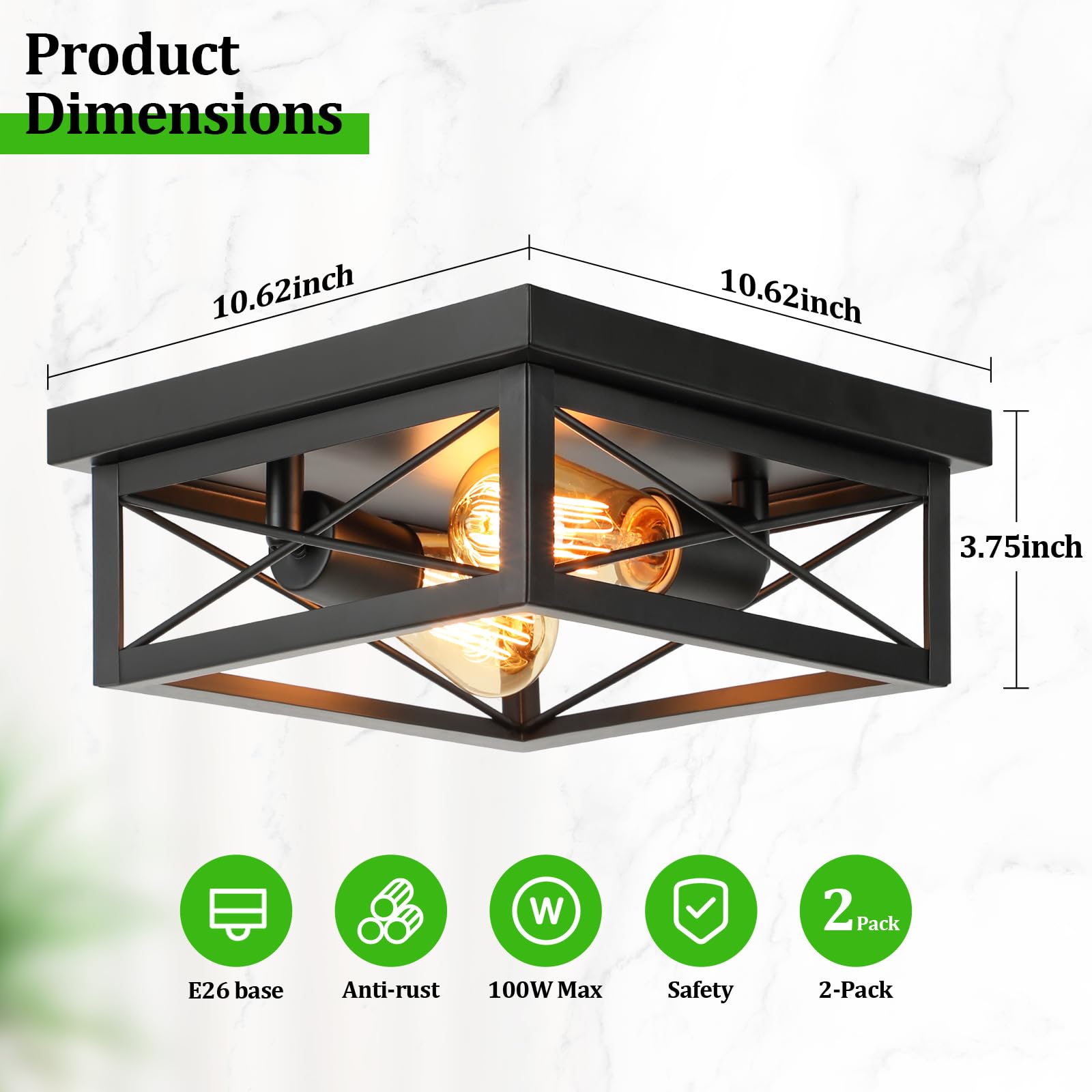 Kondras 2-Light Industrial Square Flush Mount Ceiling Light, Farmhouse Ceiling Light Fixture For Kitchen, Modern Black Close To