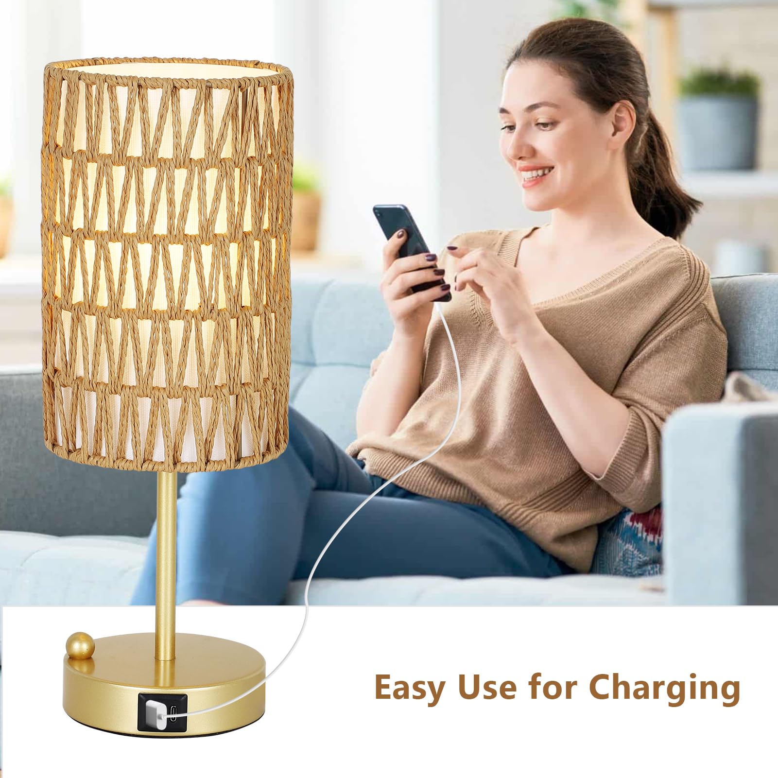 Eayaya Gold Bedside Lamps Set of 2, Touch Control, 3-Way Dimmable, Boho Rattan & Linen Shade, USB Charging Port, Phone Stand