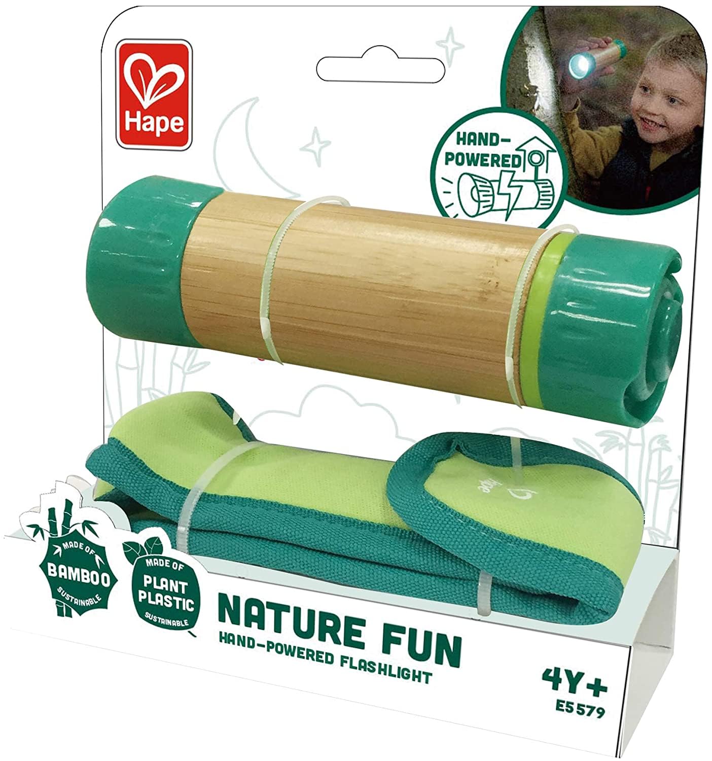 Hape Hand-Powered Flashlight With Case, Made From Bamboo, Nature Fun, Outdoor Toys