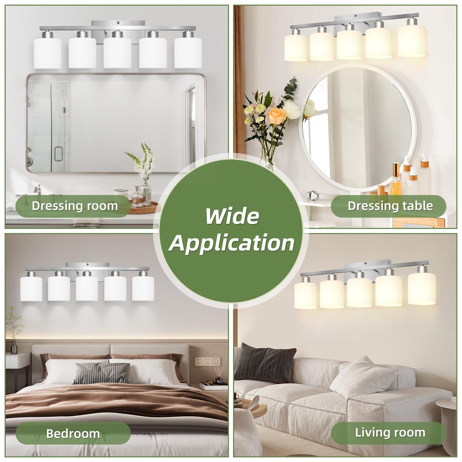 Silampdi 5-Light Bathroom Lighting Fixtures Over Mirror  Brushed Nickel Bathroom Vanity Light  Modern Rustproof Wall Sconce Lights  Milky White Frosted Glass Shades  E26 Base  Bulbs Not Included