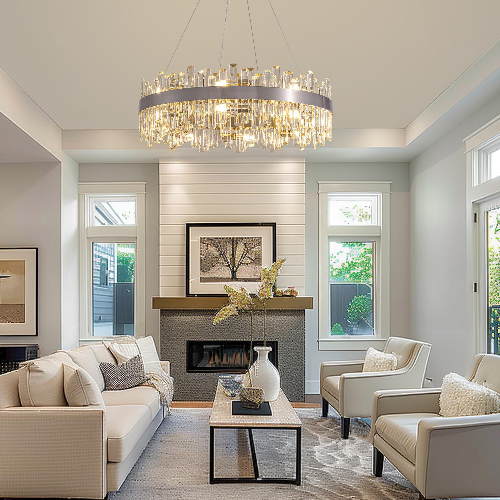 Siljoy 16-Light Modern Crystal Chandelier, Brushed Nickel Flush Mount, 31.5 Inch, Adjustable Height for Dining Room, Entryway, Foyer