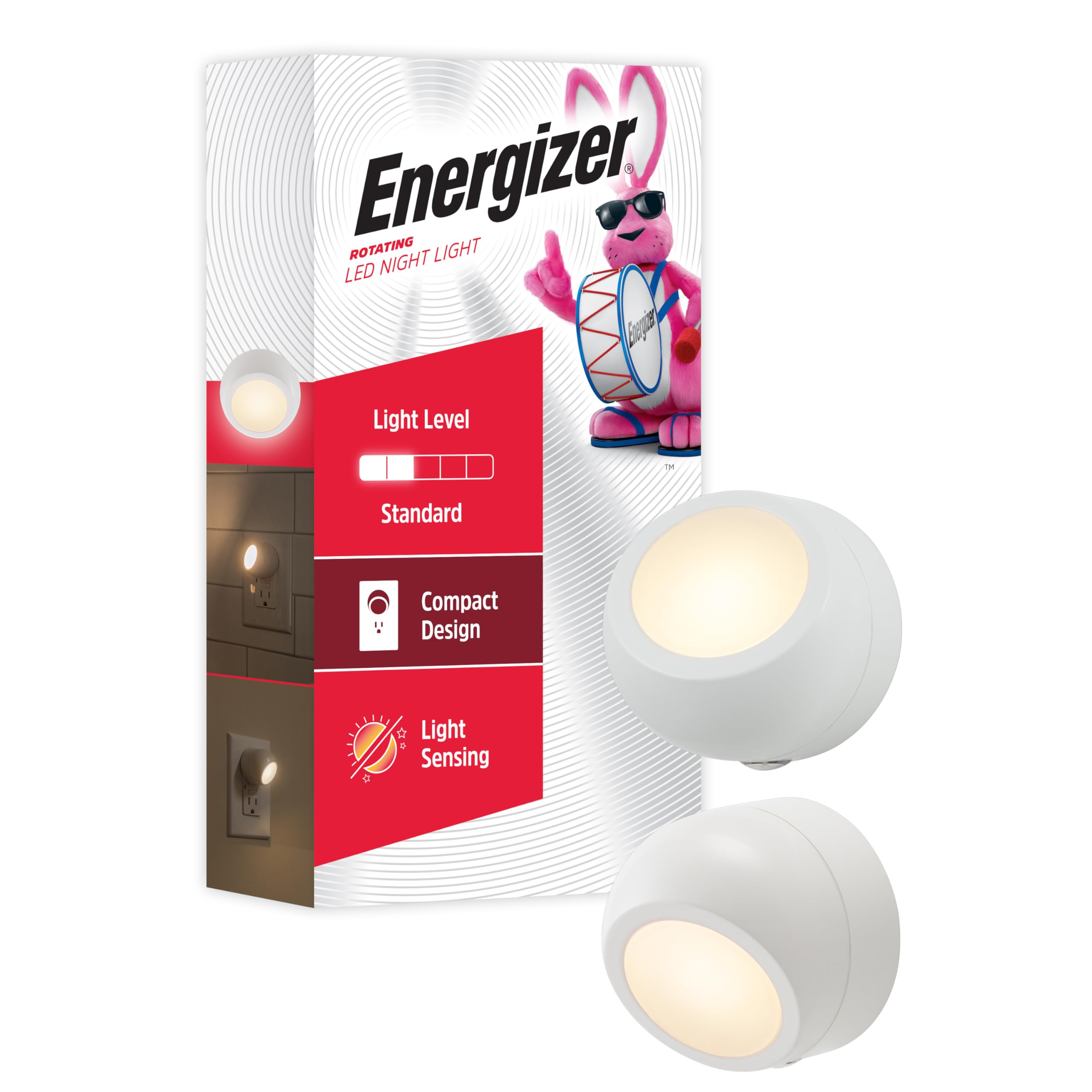 Energizer Rotating Led Night Light, 2 Pack, Plug-In, 360° Rotation, Dusk-To-Dawn Sensor, Home Decor, Ideal For Bedroom, Bathroom, Nursery, Hallway, Kitchen, Staircase, 40293
