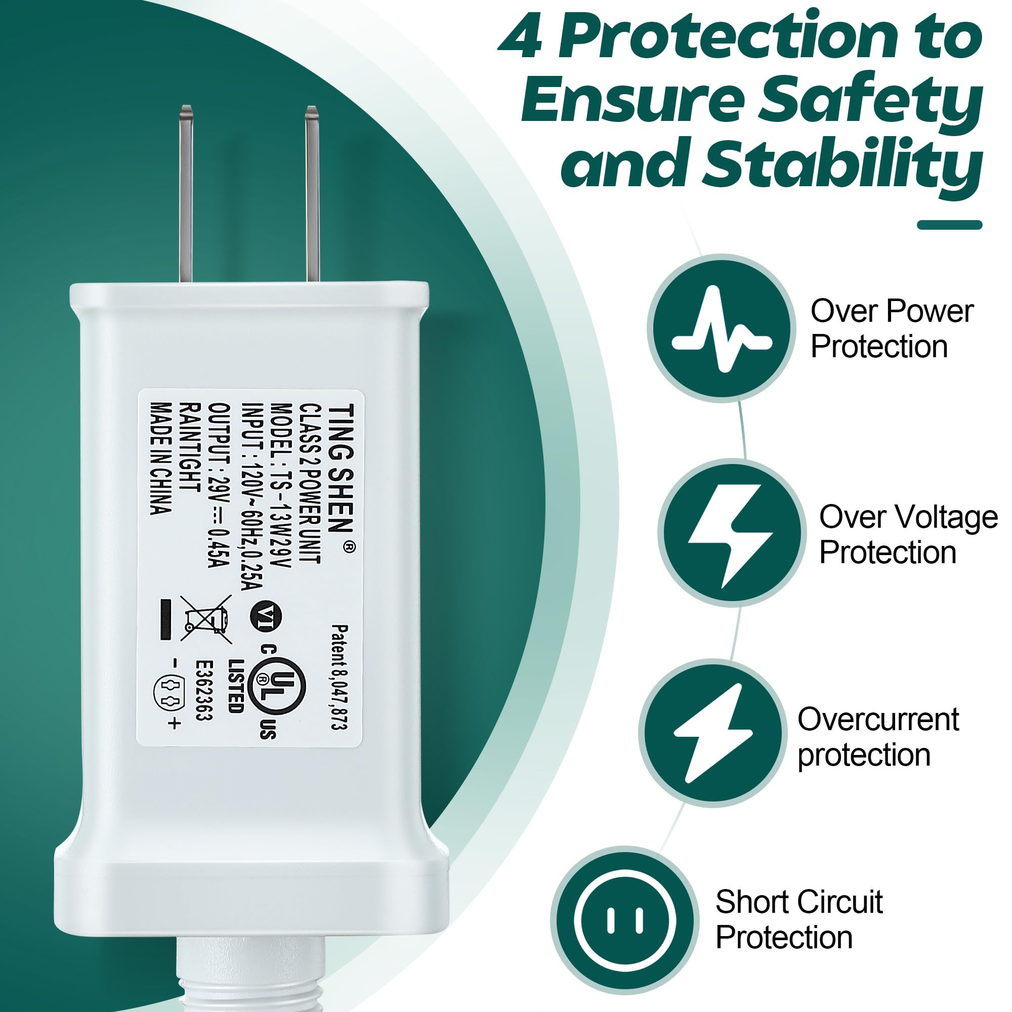 Enhon 29V LED Power Supply, UL Certified Transformer, US Plug Adapter for Christmas Tree Lights, Model TS-13W29V, White