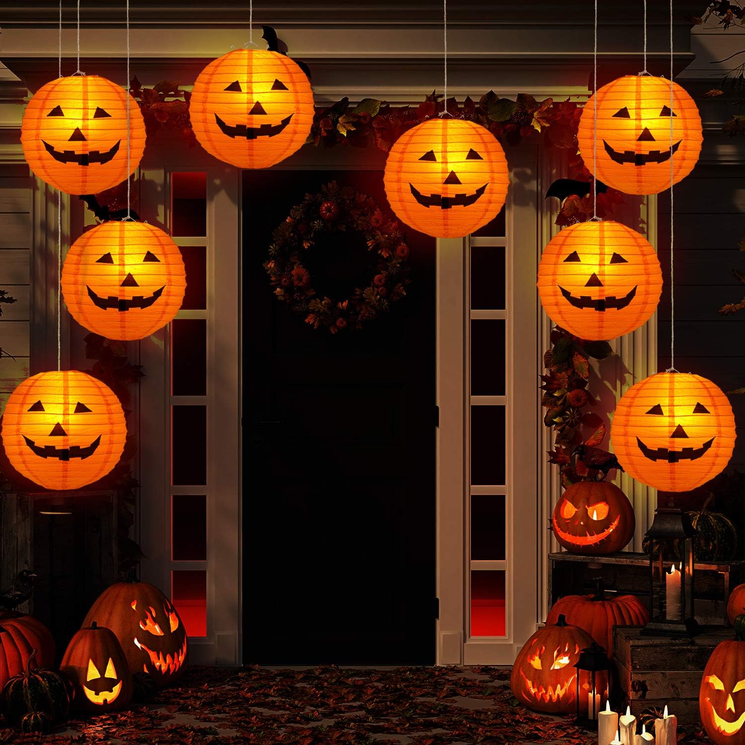 Gejoy 12pc Halloween Jack O Lantern 8inch Halloween Decorations Plastic Pumpkins Pumpkin Hanging Paper Lantern Halloween Indoor