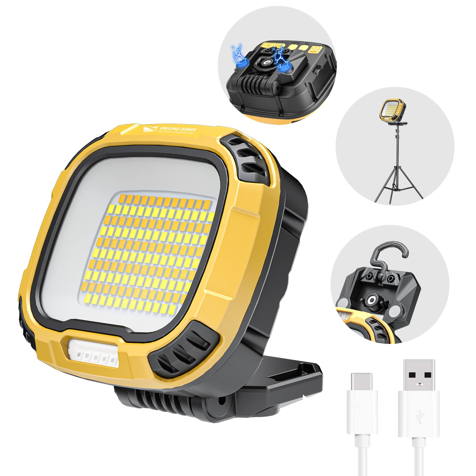 Smiling Shark Work Light, Led Worklight 4000 Lumen Rechargeable Portable Magnetic Waterproof Job Site Lighting With 14 Lighting Modes Car Repair Camping Working Outdoor, Work-Light-Led-Flood-Repairing