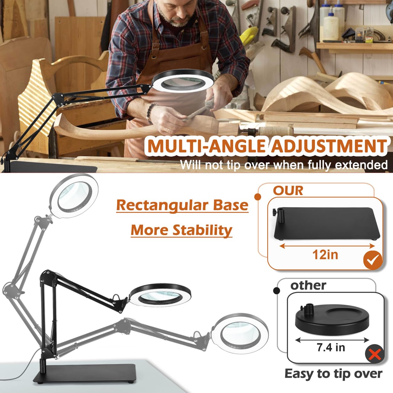 Veemagni 10X Magnifying Glass with Light, 5 Color Modes, Stepless Dimmable, Square Base, Black, Model FX92