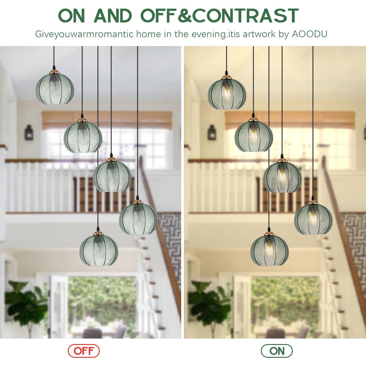 Aoodu 5 Light Chandelier For Entryway Green Glass Pendant Light 9.84 Ft Long High Ceiling Chandelier Hand Blown Shade Mid Centur
