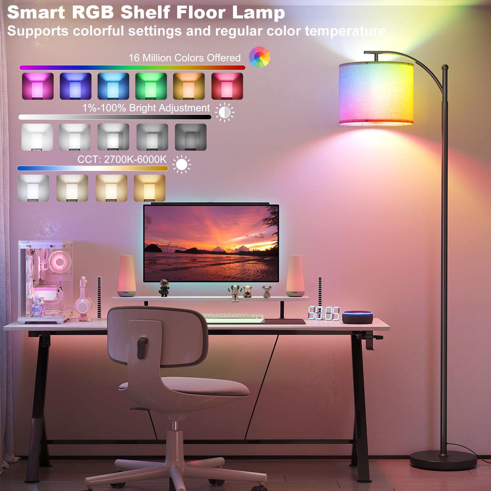 Sunmory Arc Floor Lamp, Smart App Remote Control Standing Floor Lamp With Rgb Bulb, Tall Lamp With Hanging Lampshade, Dimmable F