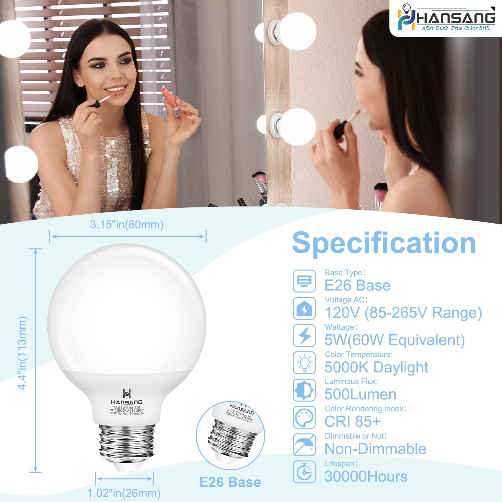 Hansang Vanity Light Bulb 5000K Daylight 8 Pack G25 Led Globe Light Bulb For Bathroom Vanity Mirror Decorative,E26 Medium Base,