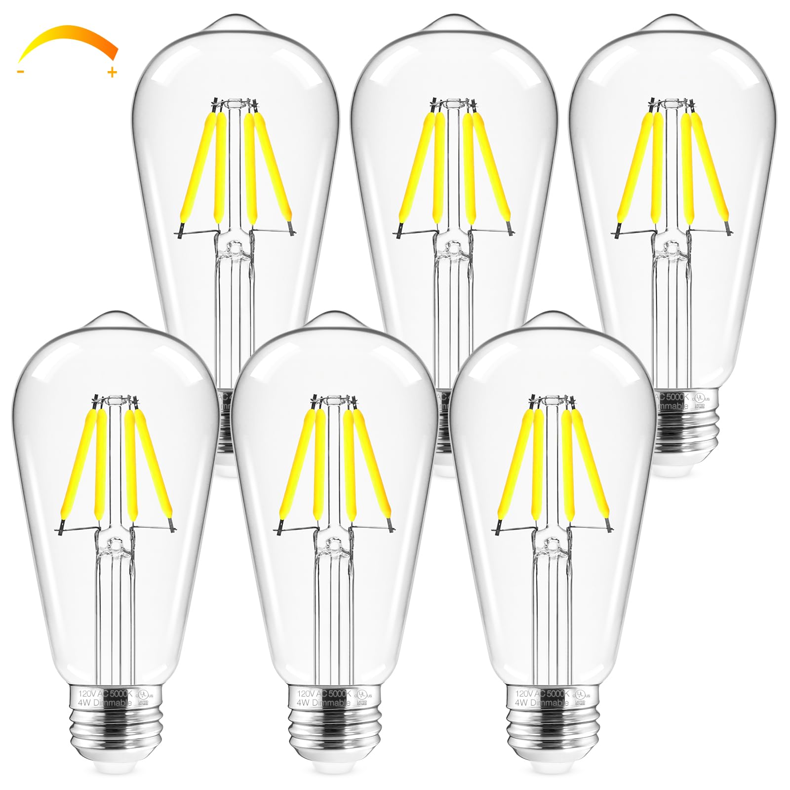 Hizashi Vintage LED Edison Bulb, Dimmable 4W (40W Equivalent), 5000K Daylight, Clear Glass, 6 Pack, High CRI 95+