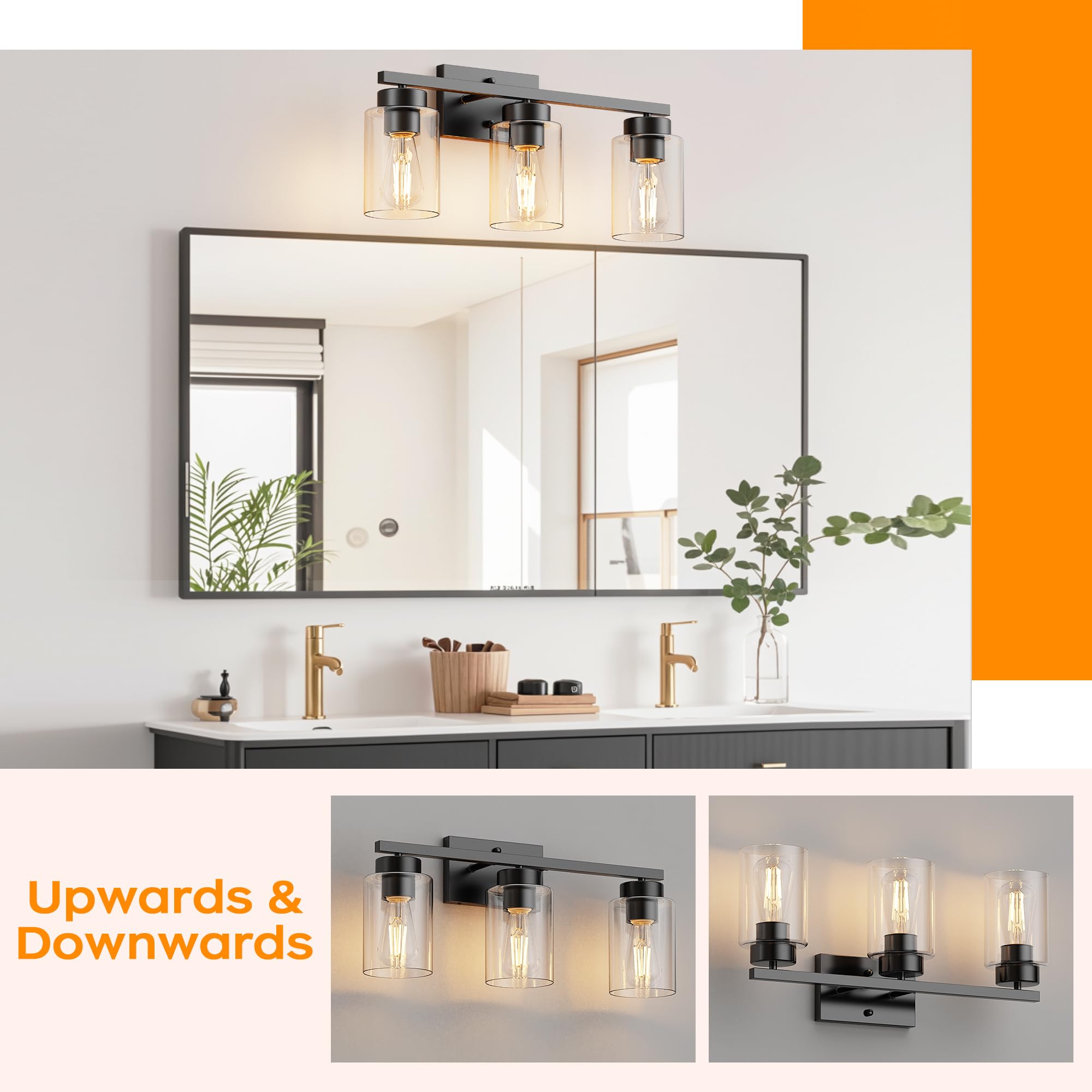 Partphoner 3-Light Bathroom Light Fixtures  Matte Black Vanity Light With Clear Glass Shade  Modern Wall Sconce For Mirror Bedroom Living Room Hallway Lighting