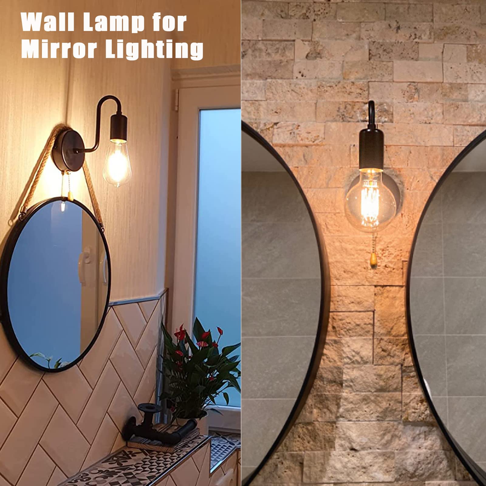 JZCDR Vintage Pull Chain Wall Sconce Light, Retro E26 Industrial Design, Hard Wired, Black, 1-Light, Model JZCDR-01