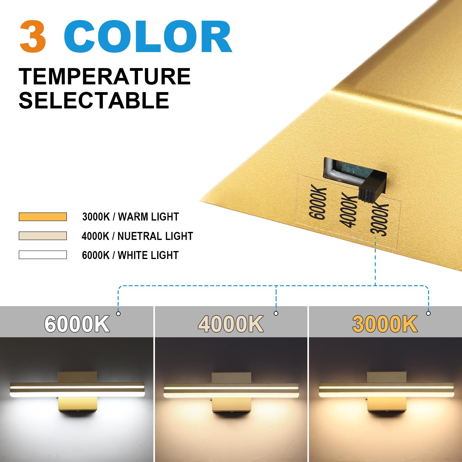 Sinerise Led Modern Bathroom Vanity Light Fixtures (16-Inch, 3000K/4000K/6000K, Dimmable), Gold Modern Acrylic Bathroom Wall Lig