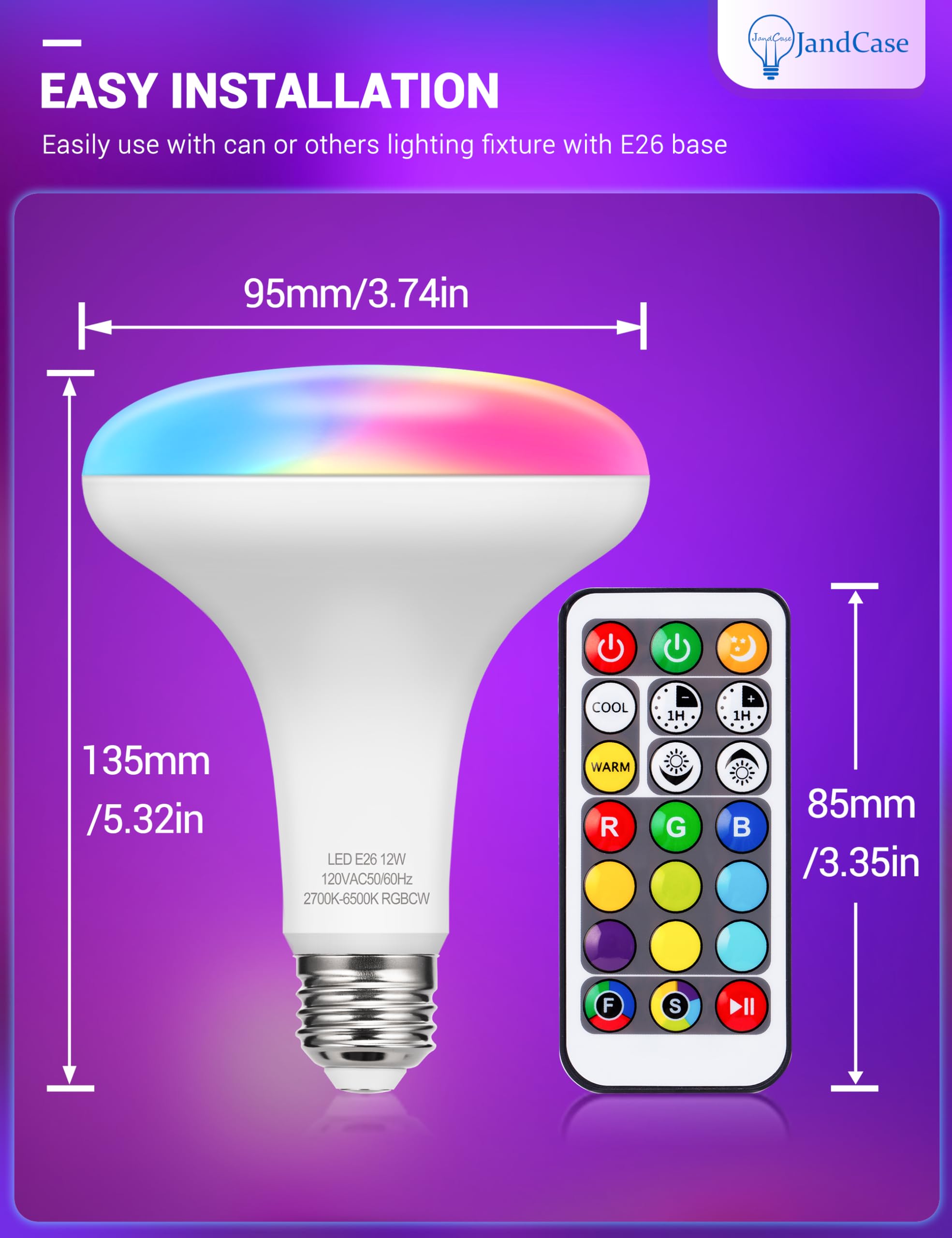 JandCase BR30 Color Changing LED Bulb, 12W, 1050lm, RGB+Warm+Cool White, E26 Base, 2 Pack