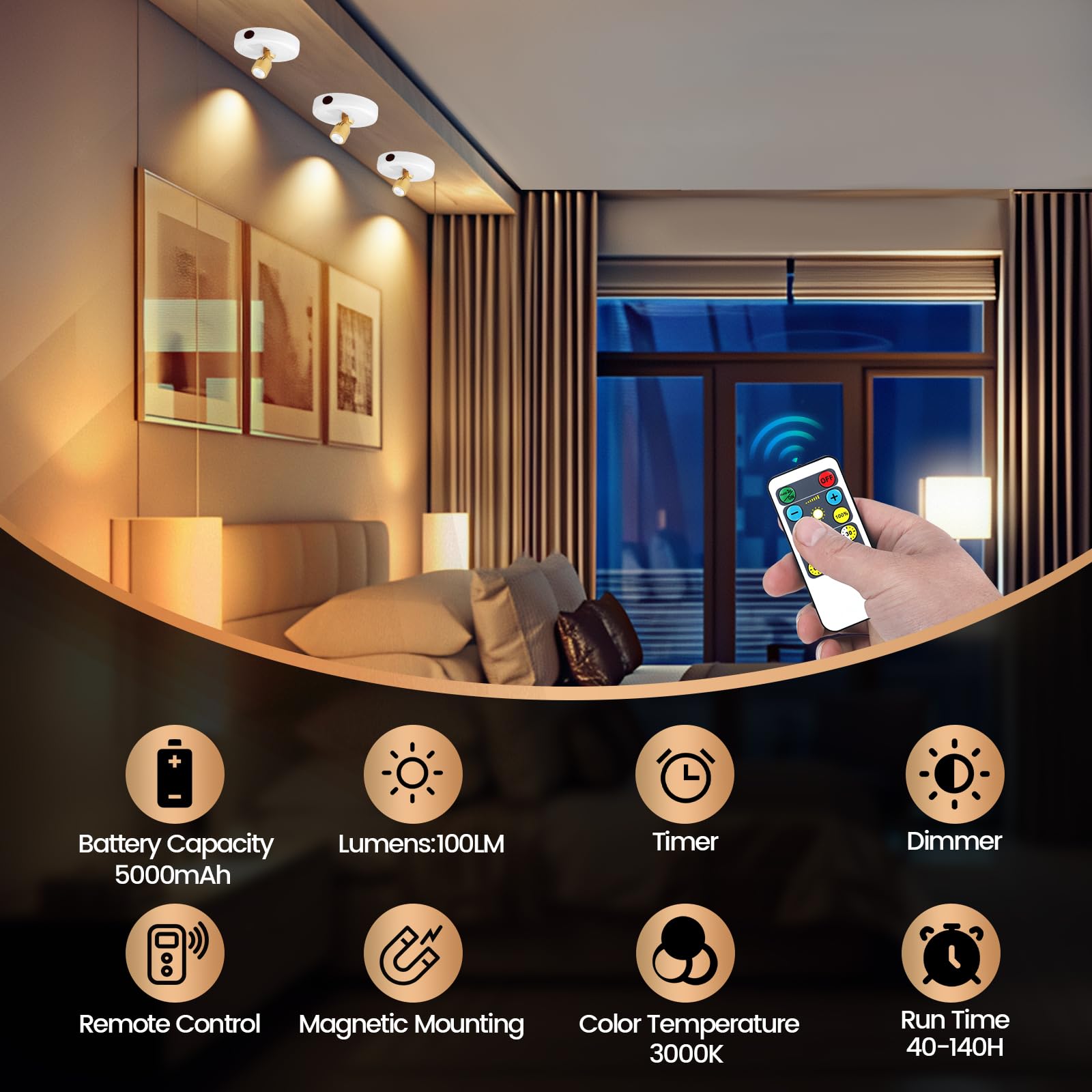 KANESIKI Rechargeable Spotlight, Battery Operated Picture Lights with Remote, Cordless Plant Spot Light Indoor, LED Accent Light