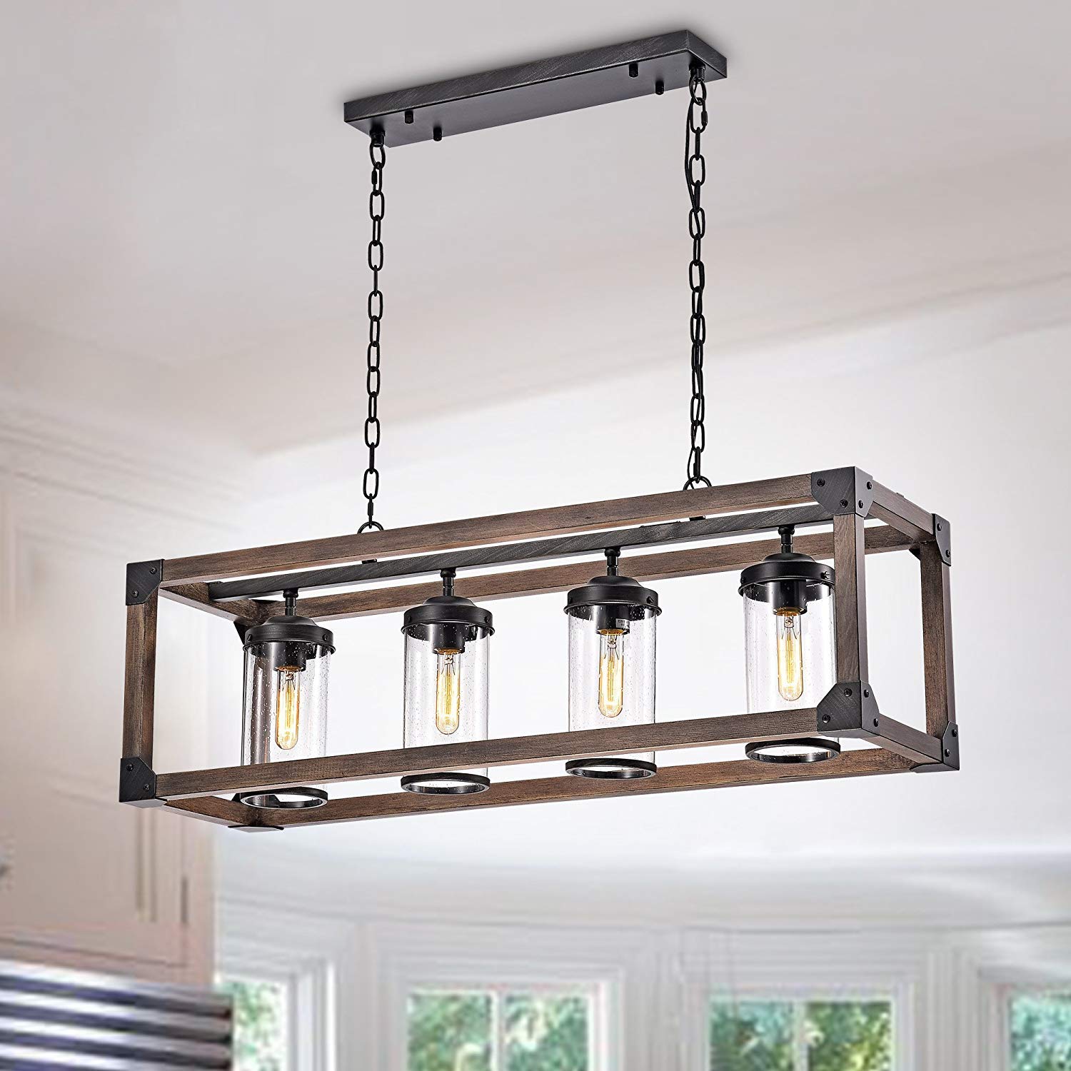 Jojospring Pendant Chandelier - Antique Black Metal and Wood with Bubble Glass Cylinders
