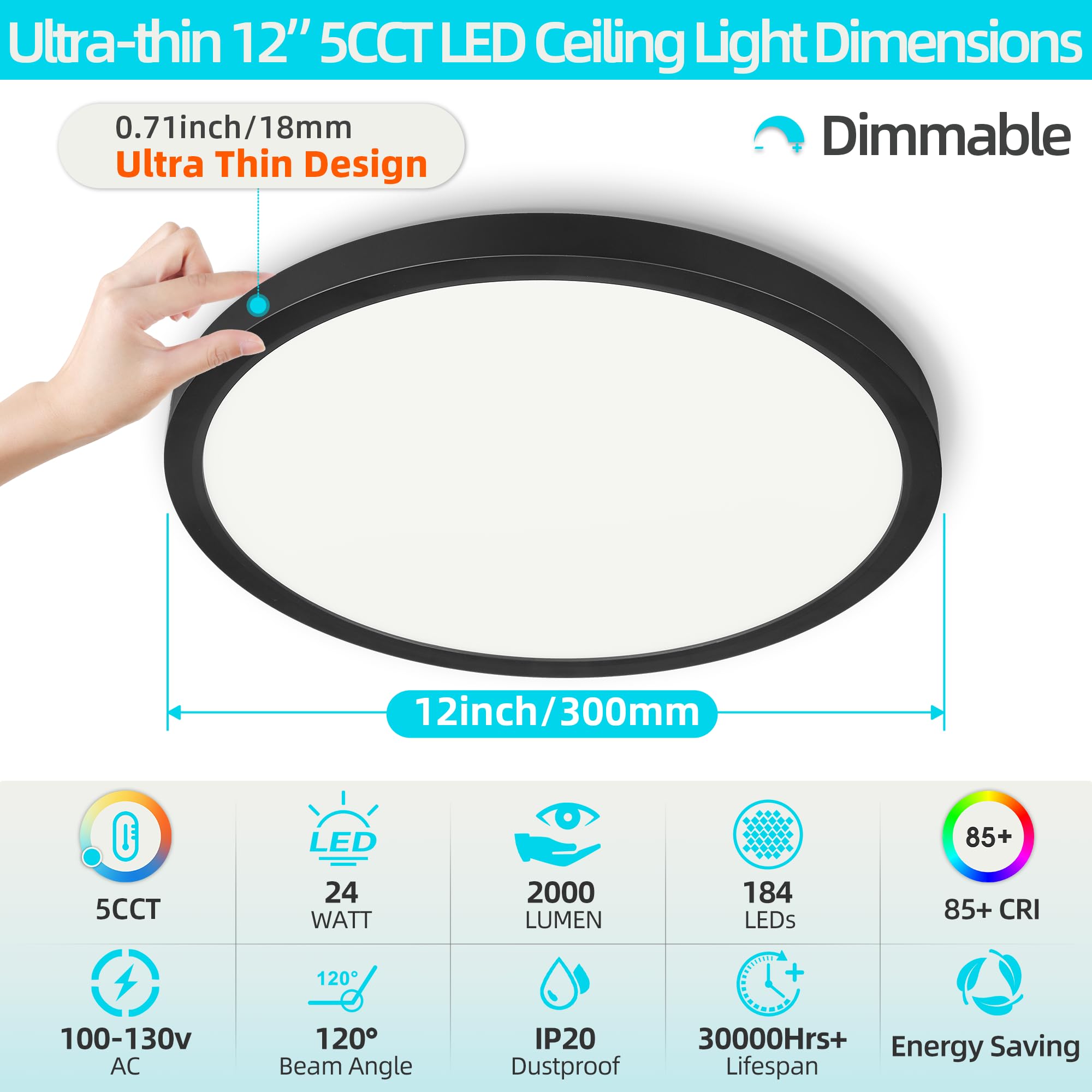 Sunrider 4-Pack Flush Mount Led Ceiling Light, 12 Inch 20W Dimmable 5Cct Selectable 2700K-6000K Daylight White, 2000Lm, 200W Equ