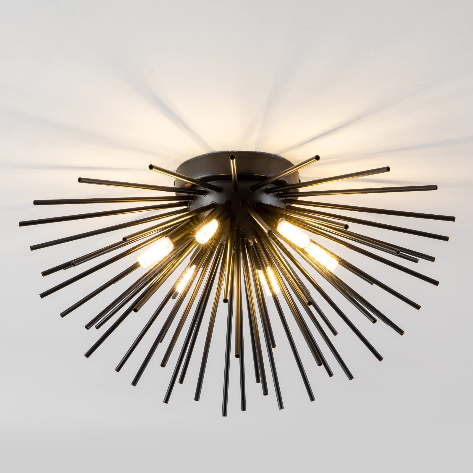 Black Flush Mount Ceiling Lights, Mid Century Starburst Sputnik Chandeliers, 6-Light Close to Ceiling Lighting Fixtures for Bedr