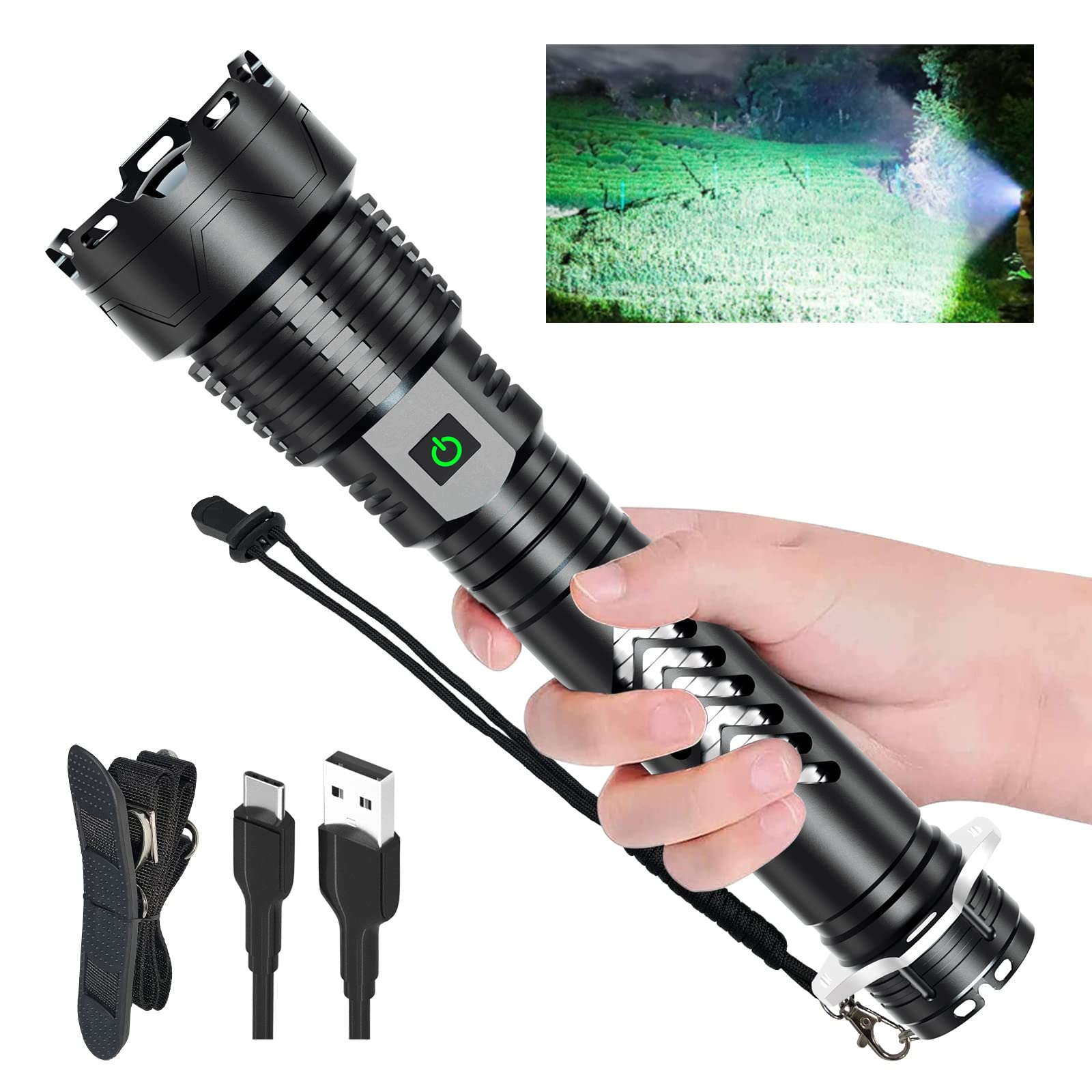 Rechargeable Flashlights, 150000 High Lumens XH-P160 Super Bright LED Powerful Handheld Flashlight with Shoulder Strap, 5 Light 