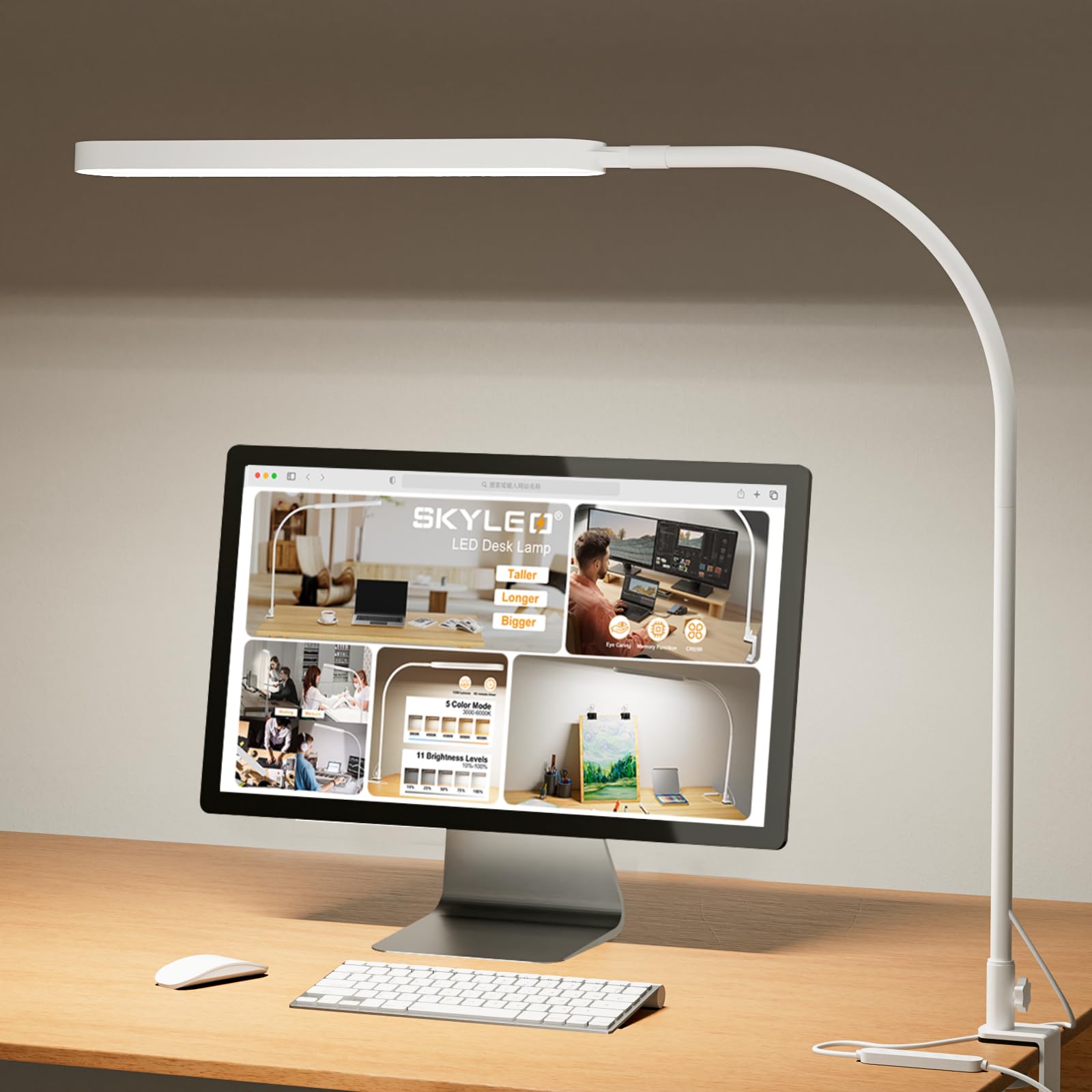 SKYLEO Led Desk Lamp - Flexible Gooseneck, 5 Color Modes, 11 Brightness Levels, 1300LM, 12W, 16.5in Clamp, White