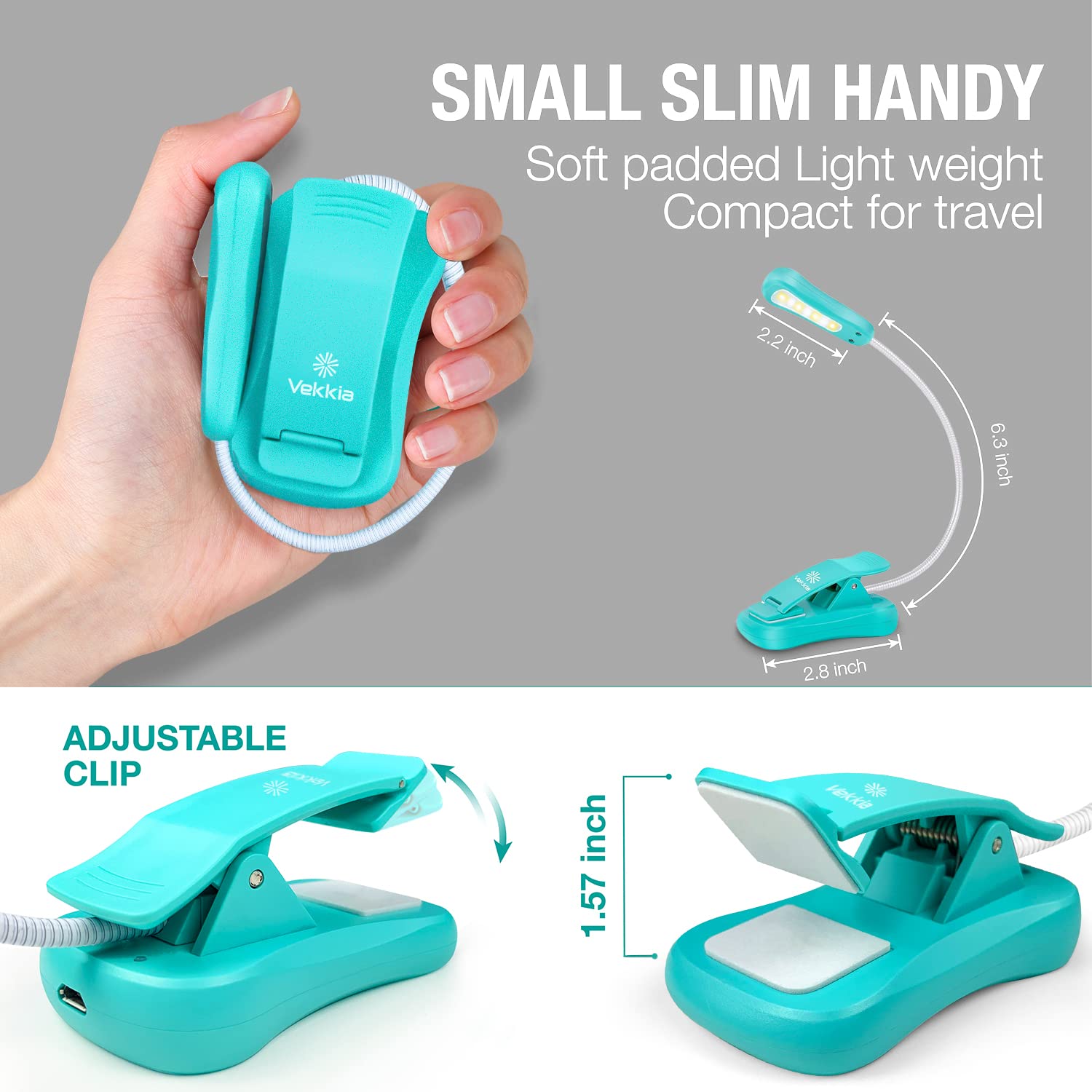 Vekkia Rechargeable Book Light, 3 Colors & Brightness, 4"x3.5"x1.8", Plastic, Blue, Model BK-03-BU, Up to 70