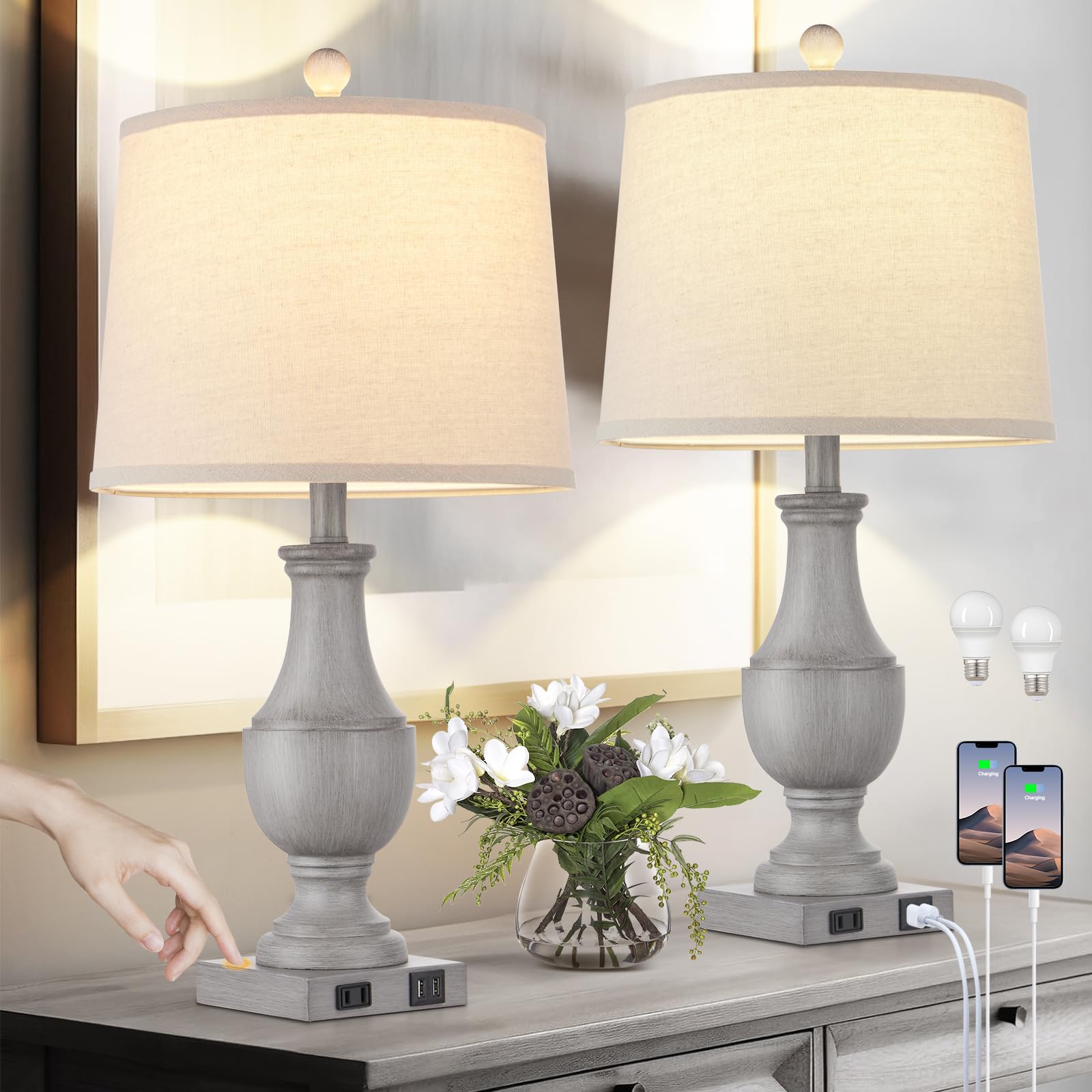 Farmhouse Table Lamps For Living Room, Rustic 26'' Touch Control Bedside Lamps With Usb A+C Charging Ports & Ac Outlet, Vintage 