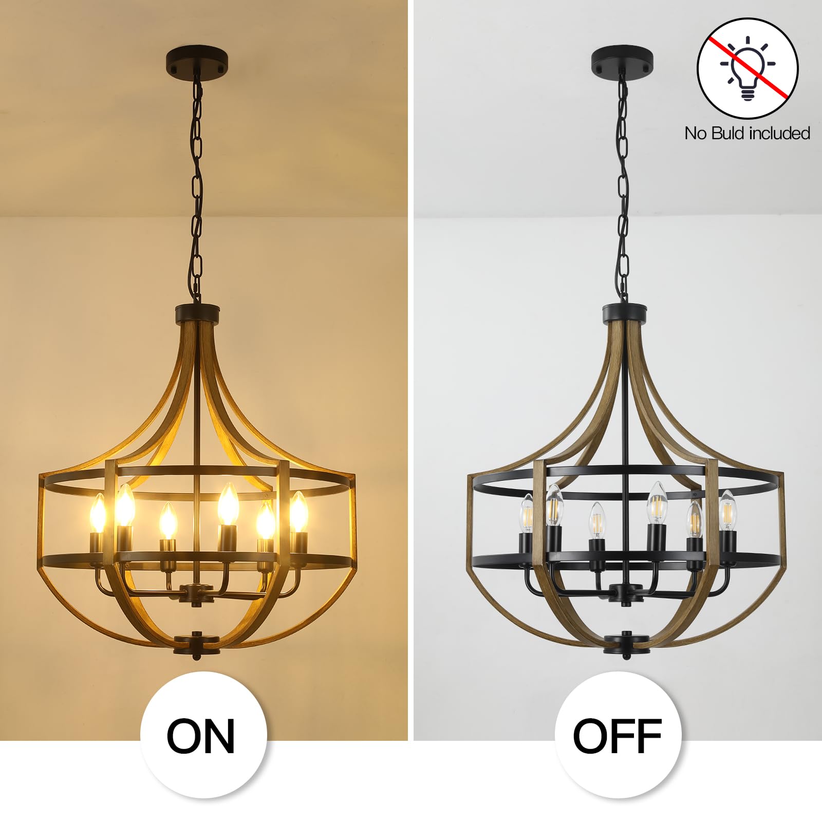 22'' Large Farmhouse Chandelier For Dining Room, Retro Wood Texture & Black Finish, 6-Light Adjustable Height Rustic Pendant Lig