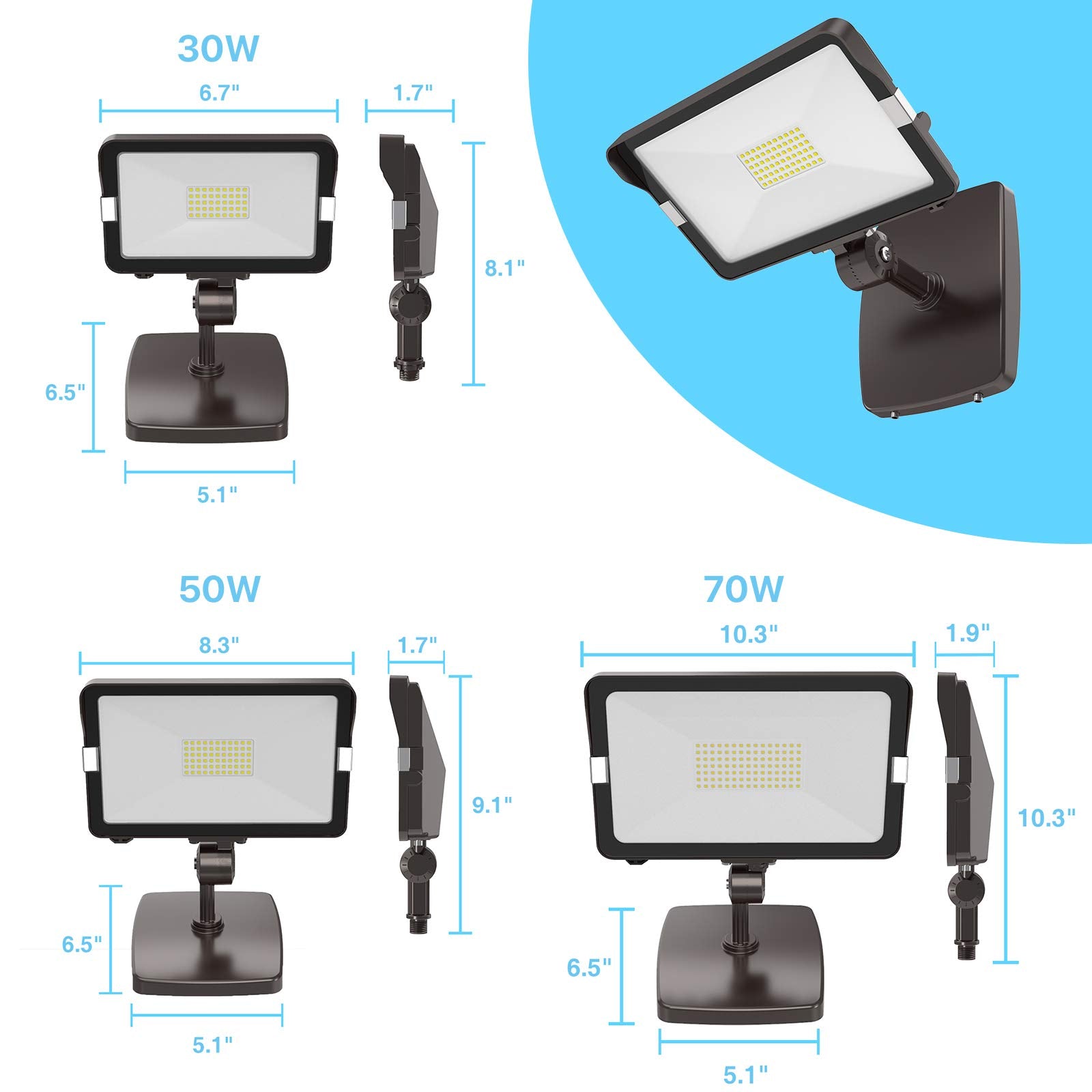 Hyperlite 70W Flood Lights Outdoor 2 Pack, Led Flood Light With Knuckle Mount, Floodlight Wall Mount 5000K 7,700Lm Ip65 Waterpro