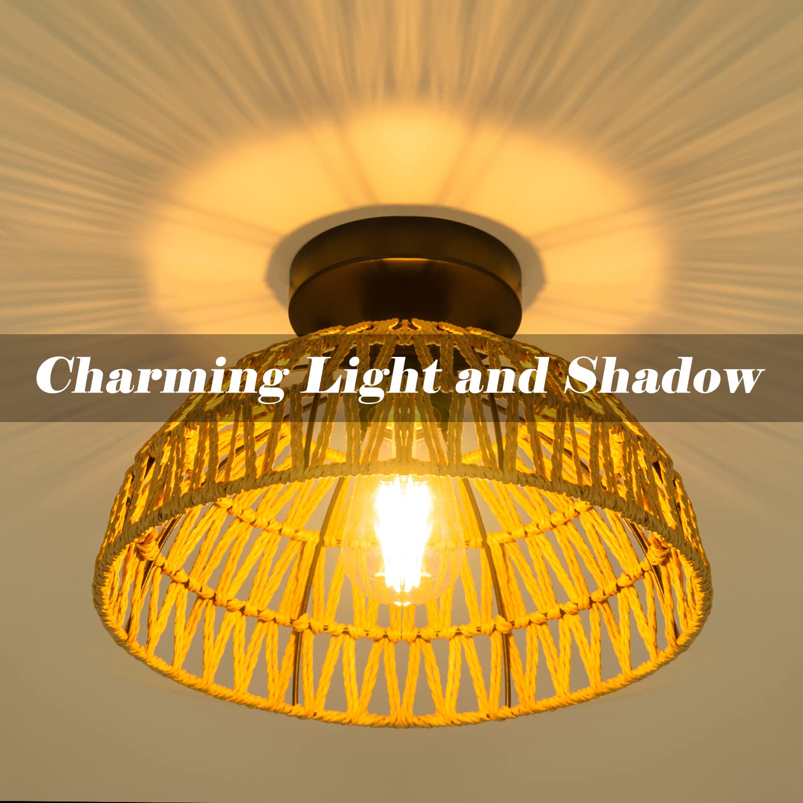 12.2'' Rattan Ceiling Light Fixtures 2 Packs, Rustic Woven Basket Flush Mount Ceiling Light, Handmade Wicker Ceiling Lamp, Ratta