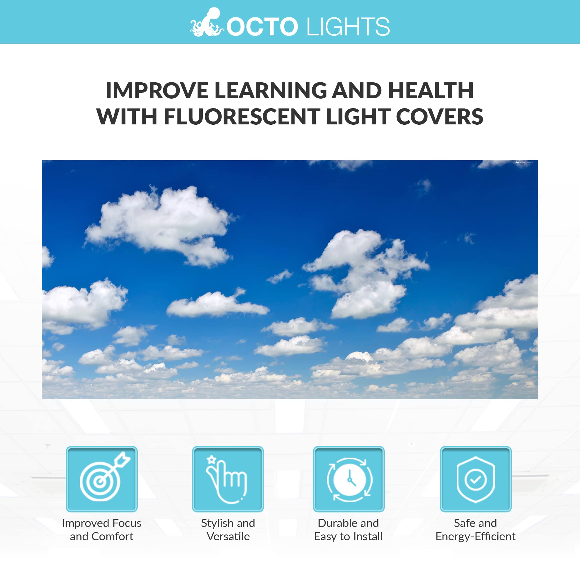 OCTO LIGHTS Fluorescent Light Covers 2x4, Backlit Film, Breathtaking Stratus, Model CLD-012-2x4