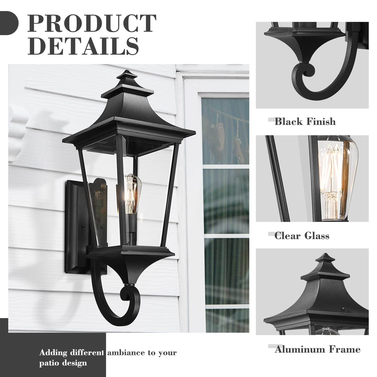Emliviar 29.3 Inch Outsider Wall Lantern, Outdoor Wall Light Suitable For House Porch, Clear Glass In Black Finish, Xe292Ub-L Bk