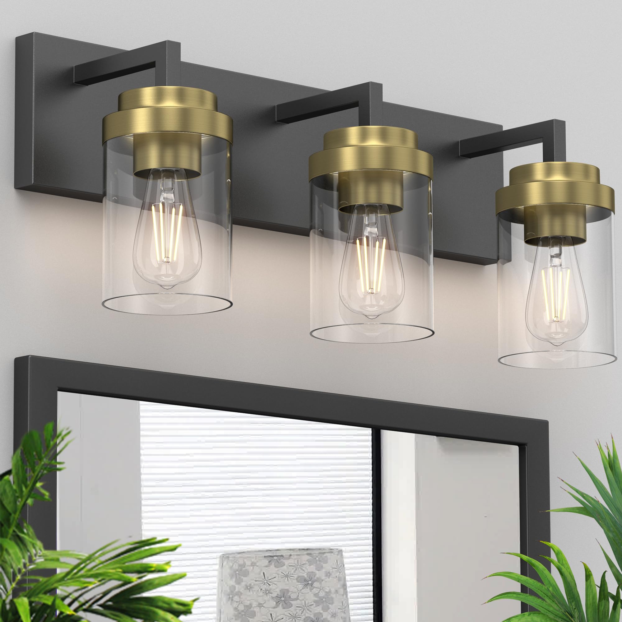 Espird Bathroom Lighting Fixtures, 3-Light Bathroom Vanity Lights Over Mirror, Black And Gold Vanity Light With Glass Shade, Mod