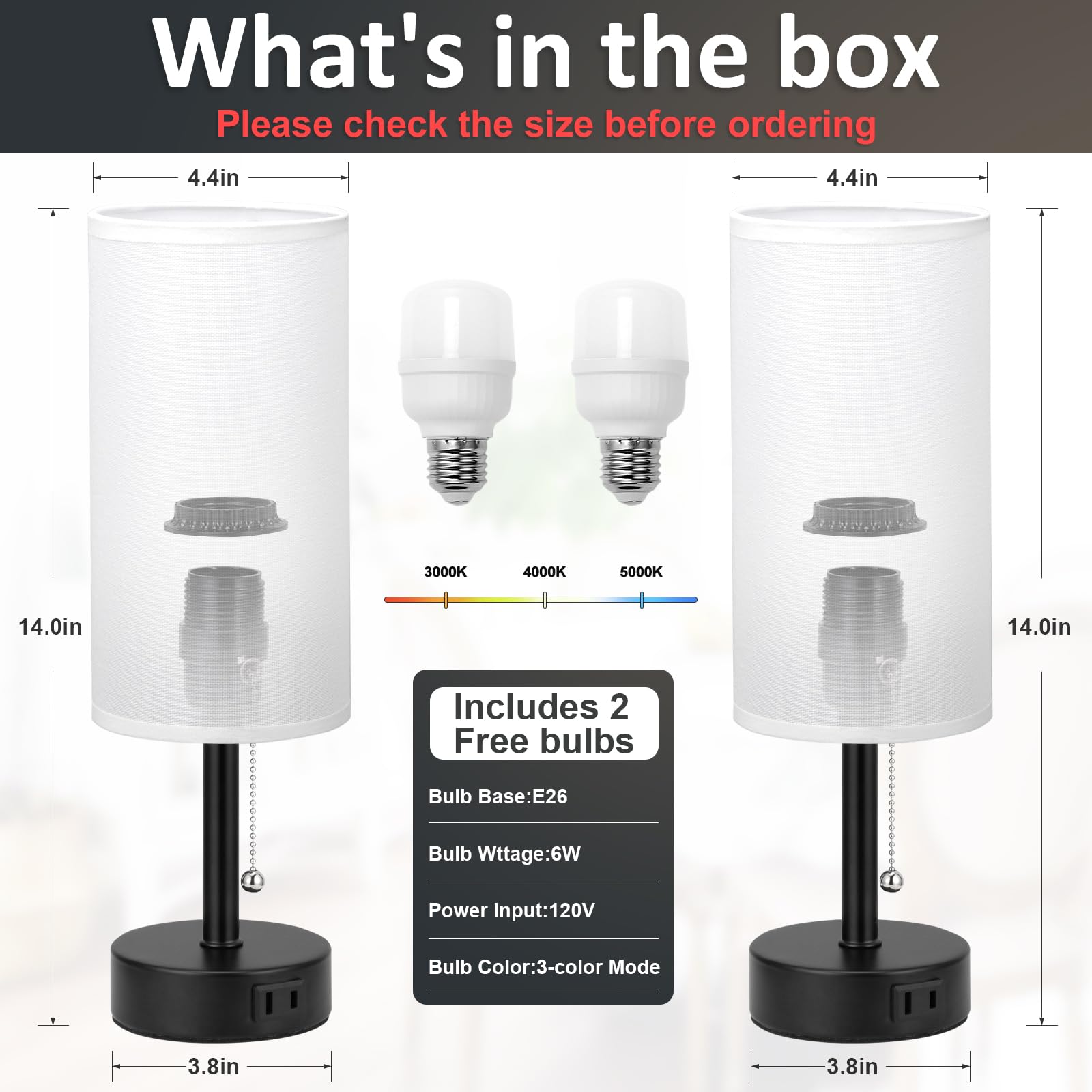Fenmzee White Bedside Table Lamps Set of 2 with AC Outlet, 14in Pull Chain, E26 LED Bulbs, Round Night Stand Lighting for Bedroom Office