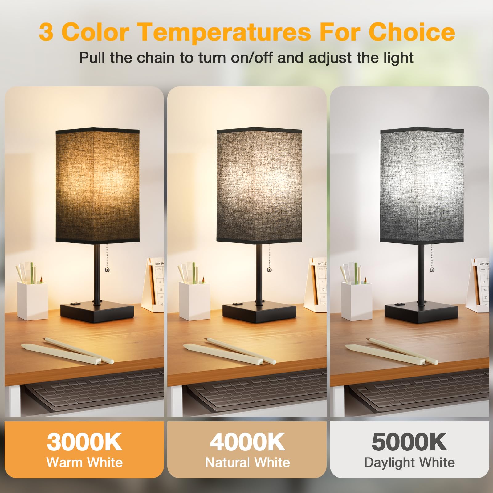 aooshine Black Table Lamp - 3 Color Temperatures, USB A/C Ports, AC Outlets, 17.4in Metal Bedside Light, Model 10-14-15