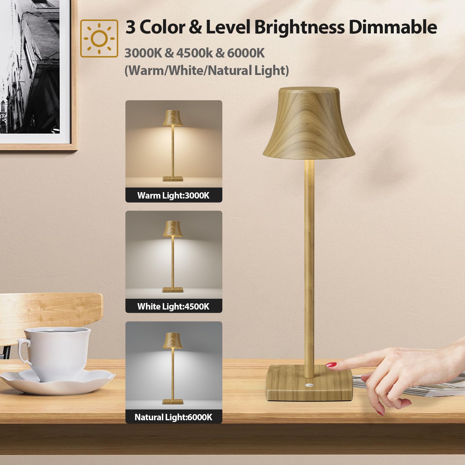 SHANGCAI Set of 2 LED Table Lights, Rechargeable, Dimmable, Bamboo Wood, Model SC-S807