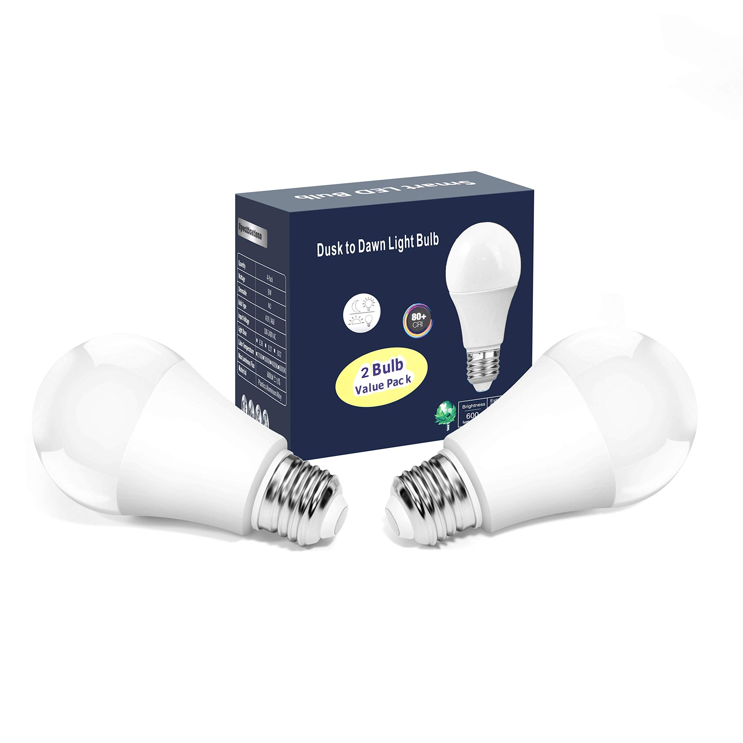 Torkase 13W Dusk to Dawn LED Light Bulbs, 1100lm, 6000K Daylight, E26 A19, 2-Pack, Automatic Sensor, Model Q