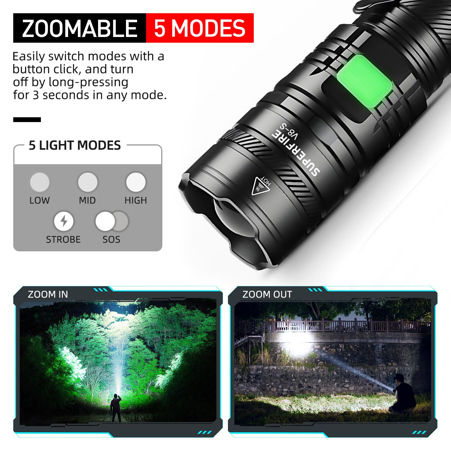 SuperFire Tactical Flashlight - 2300 Lumens Rechargeable LED Flashlight | 5 Modes & Clip | Long-Lasting & Dependable Light for M