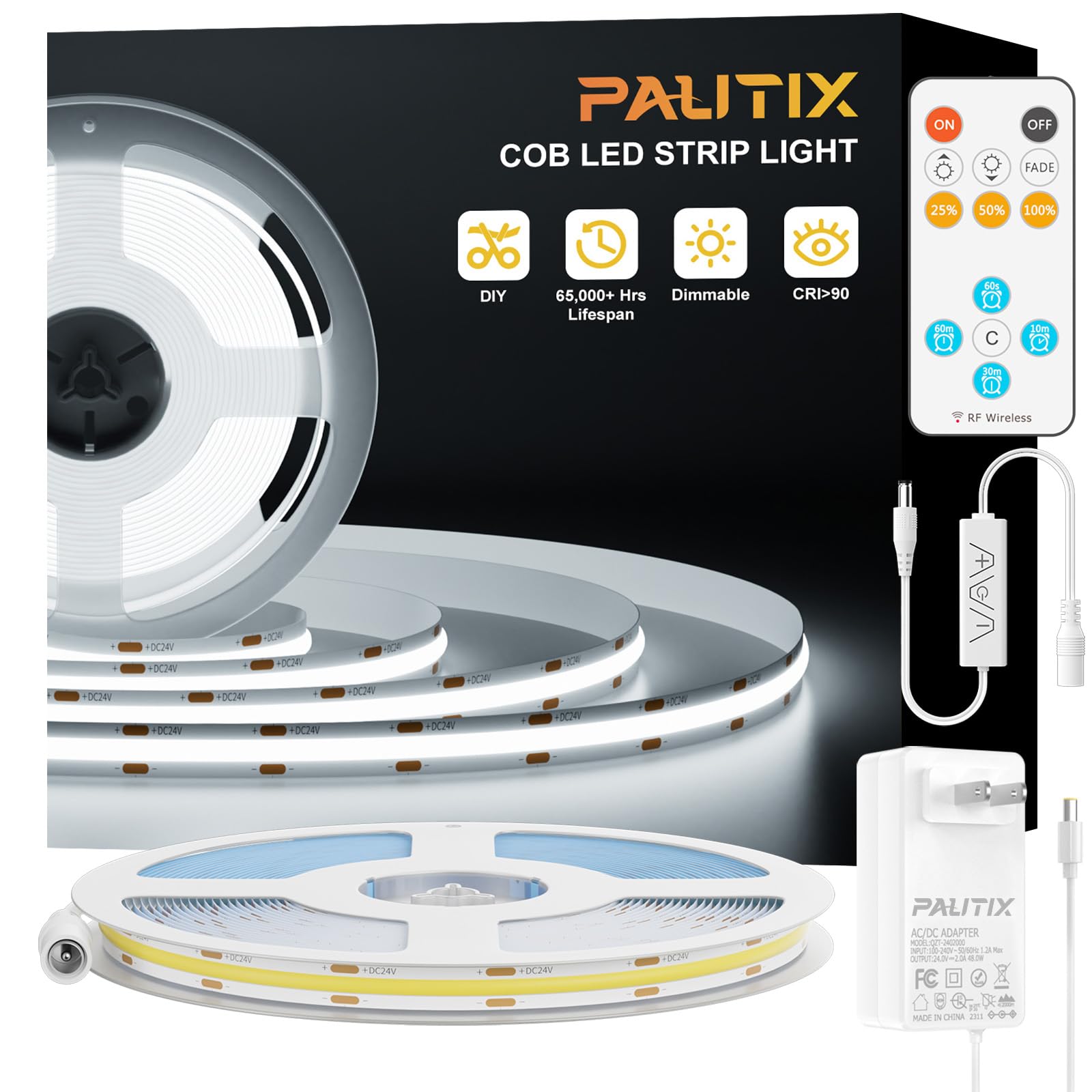 PAUTIX COB LED Strip Light 16.4ft/5m 2400LEDs White 6000K,CRI93+ Super Bright High Lumen,Dimmable 24V Flexible LED Tape Light wi